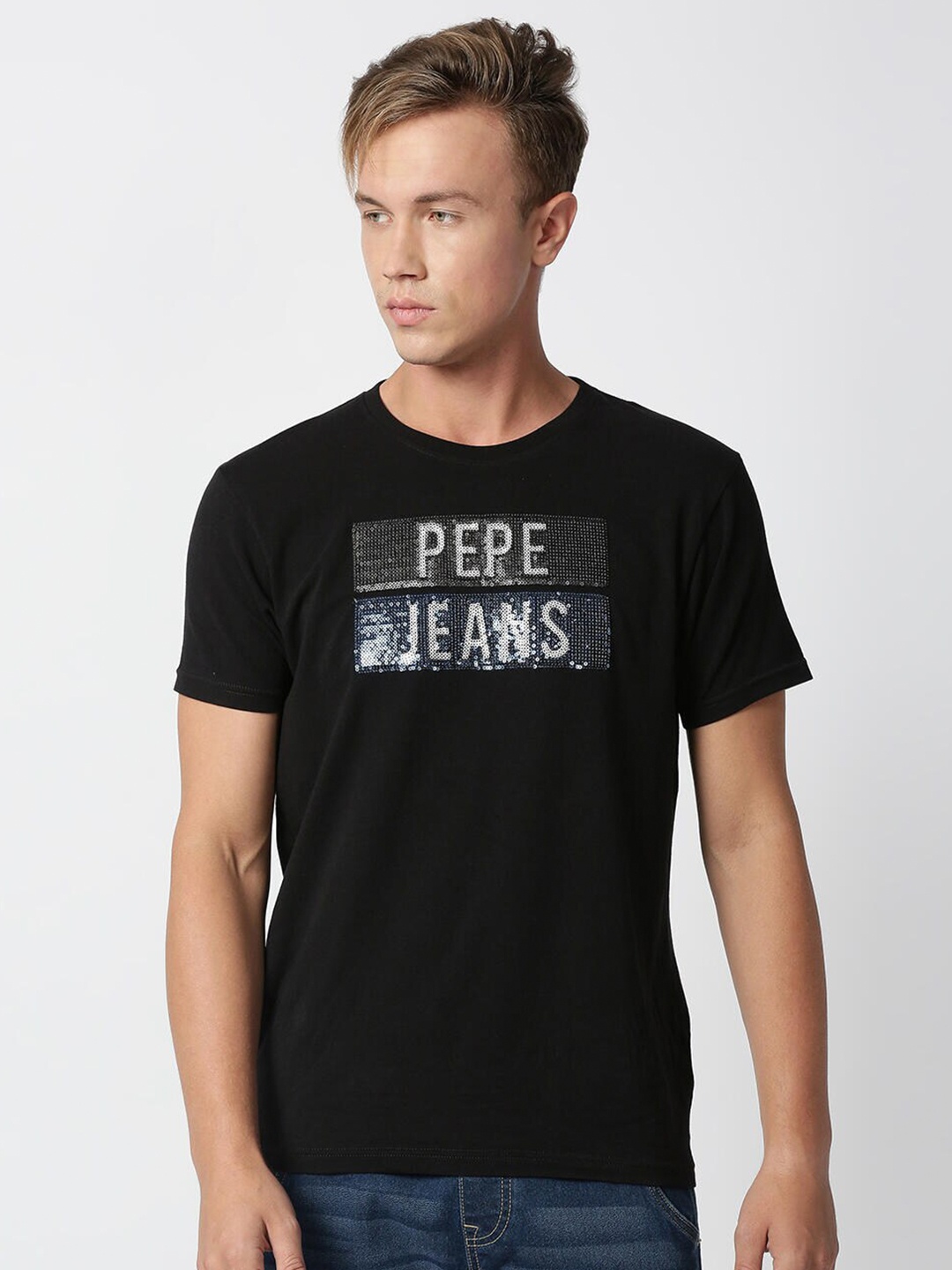 Pepe Jeans Men Black Typography Printed Cotton T-shirt