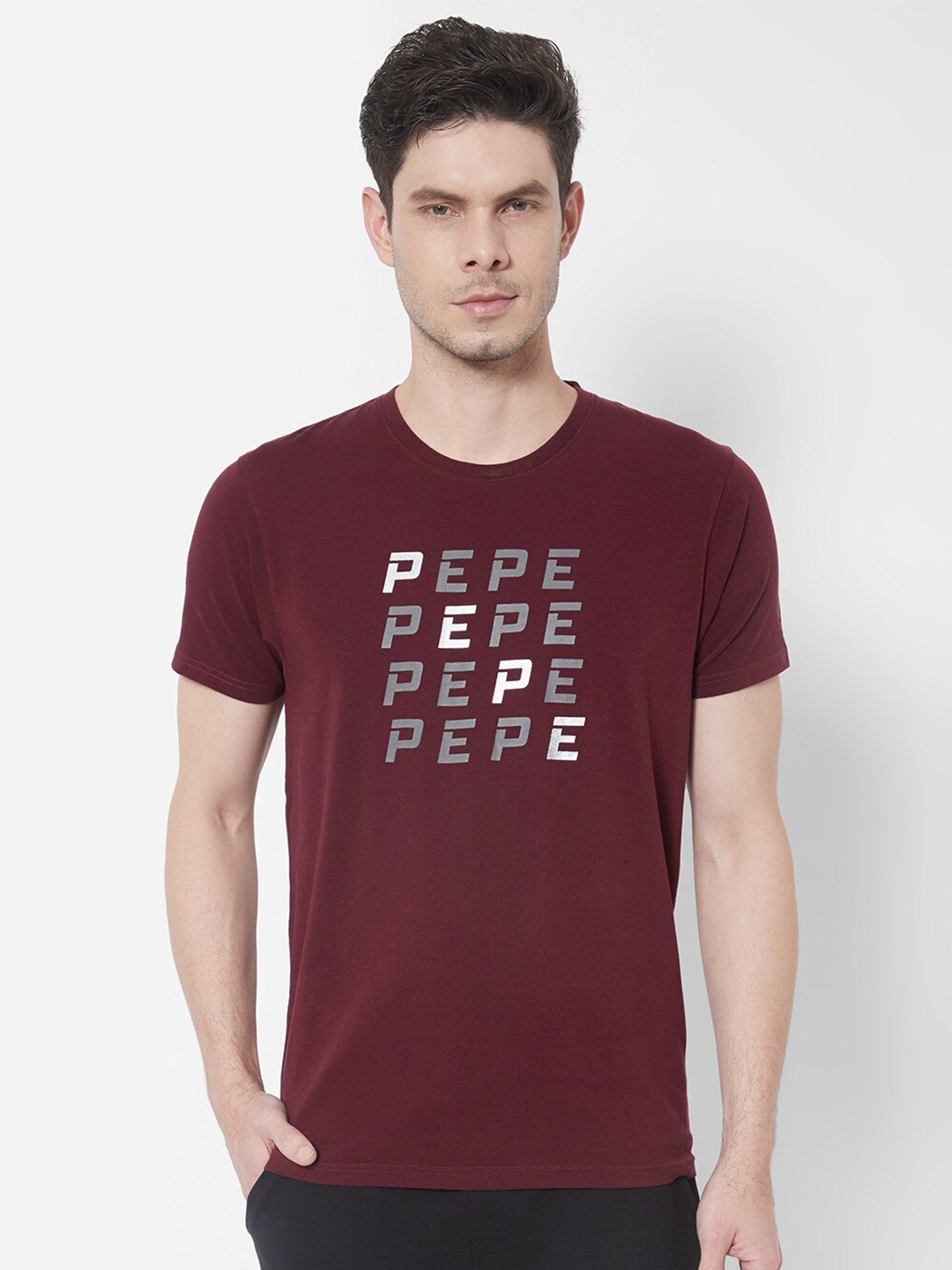 

Pepe Jeans Men Burgundy Typography Printed Cotton T-shirt