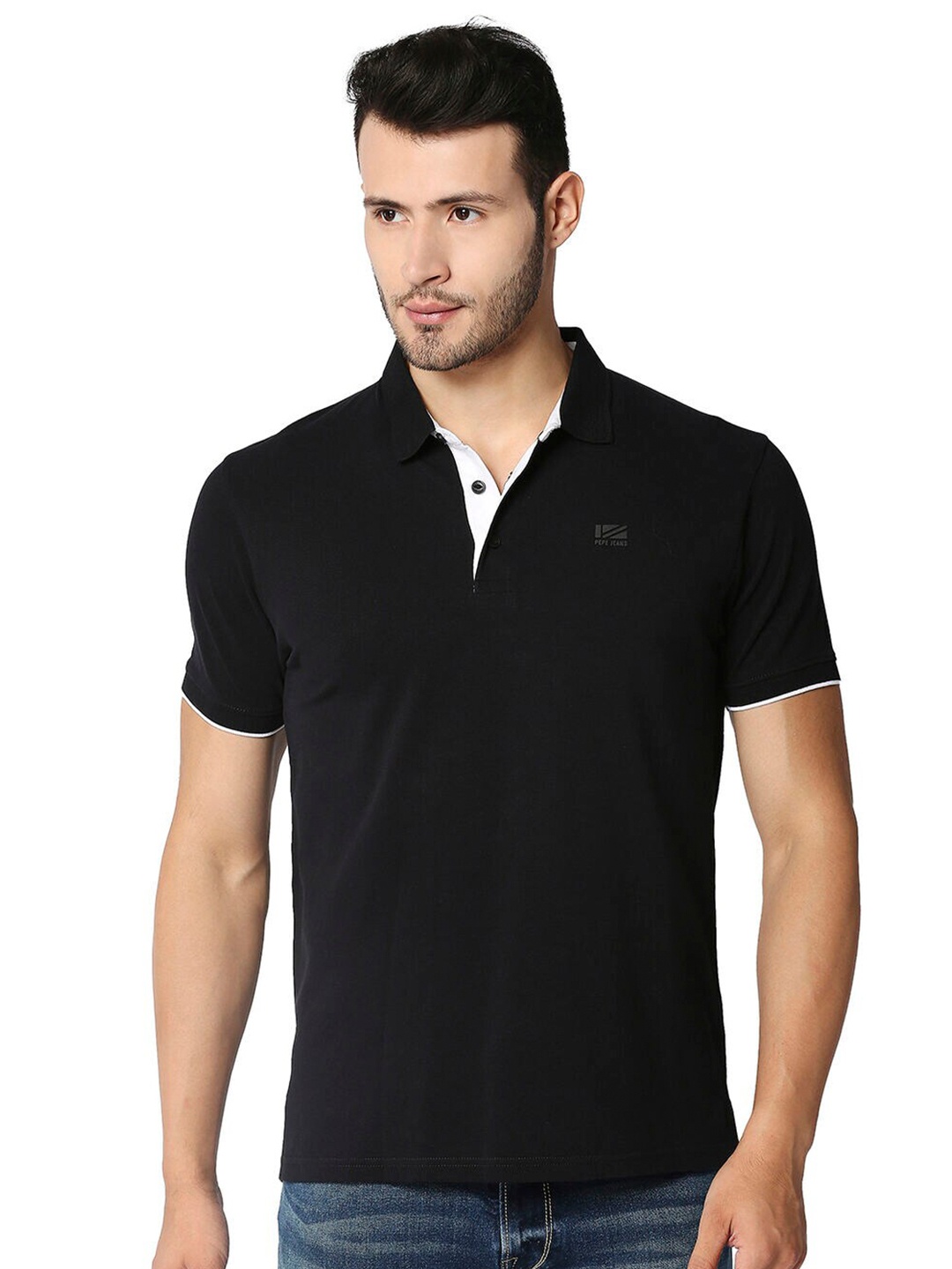

Pepe Jeans Men Black Cotton Polo Collar T-shirt