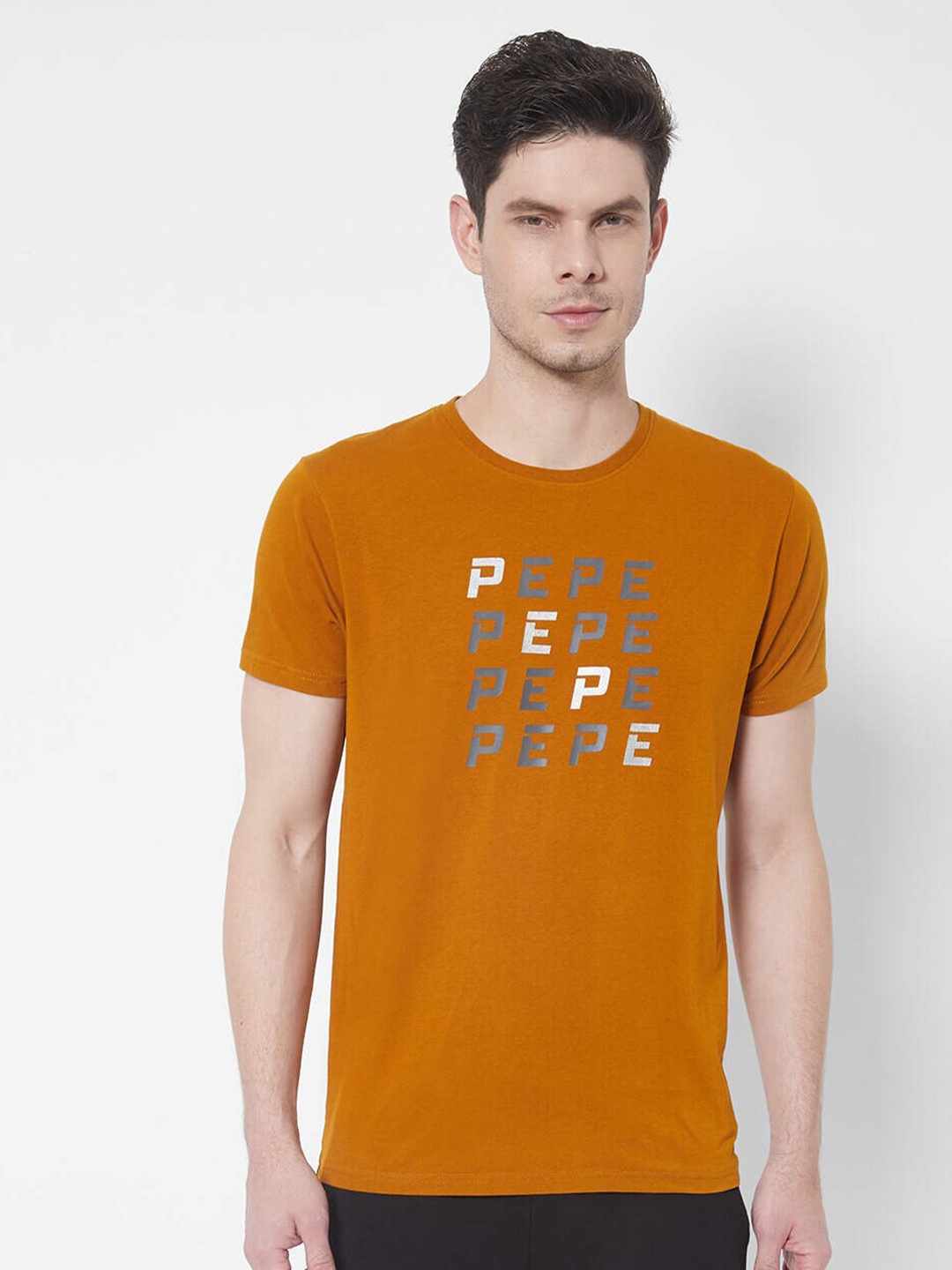 

Pepe Jeans Men Mustard Yellow & Grey Typography Printed Cotton T-shirt
