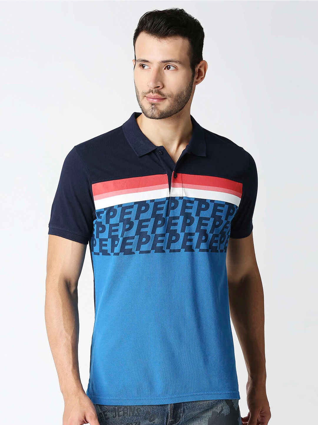 

Pepe Jeans Men Blue Colourblocked Polo Collar T-shirt