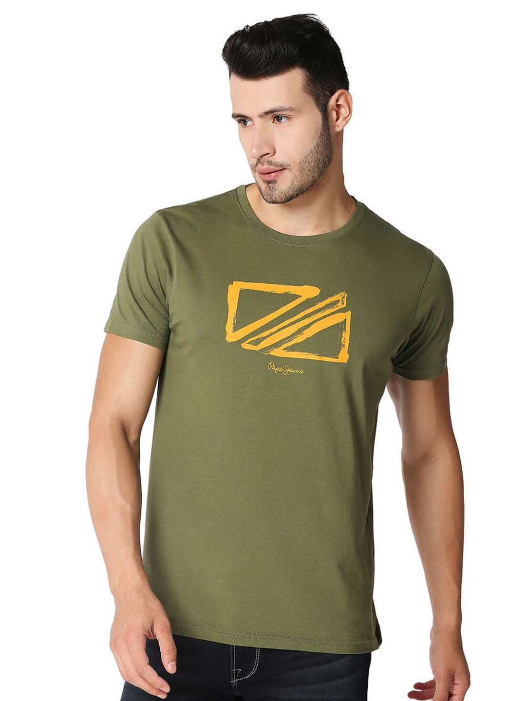 

Pepe Jeans Men Olive Green & Mustard Yellow Printed Cotton T-shirt