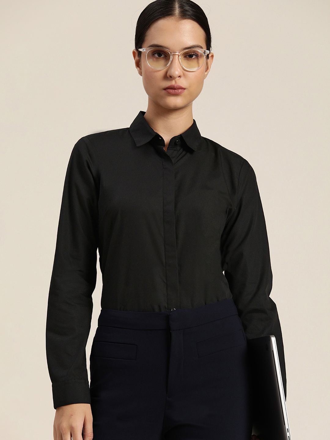 

Hancock Women Solid Regular Fit Pure Cotton Formal Shirt, Black