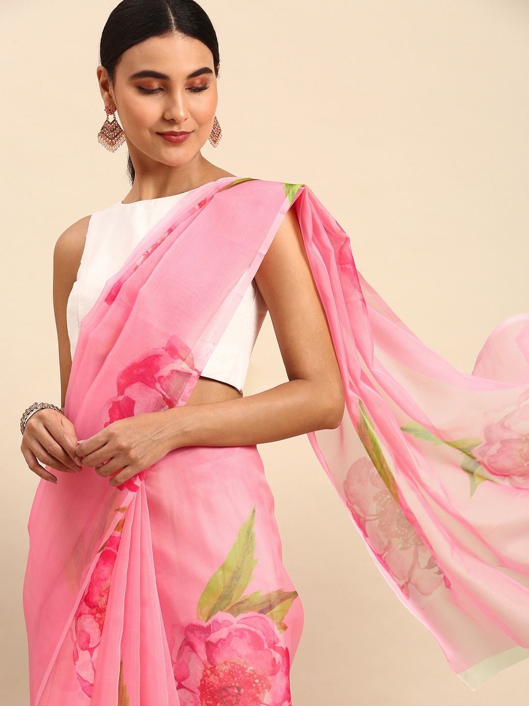 

TORONFRAS Pink Floral Organza Tussar Saree