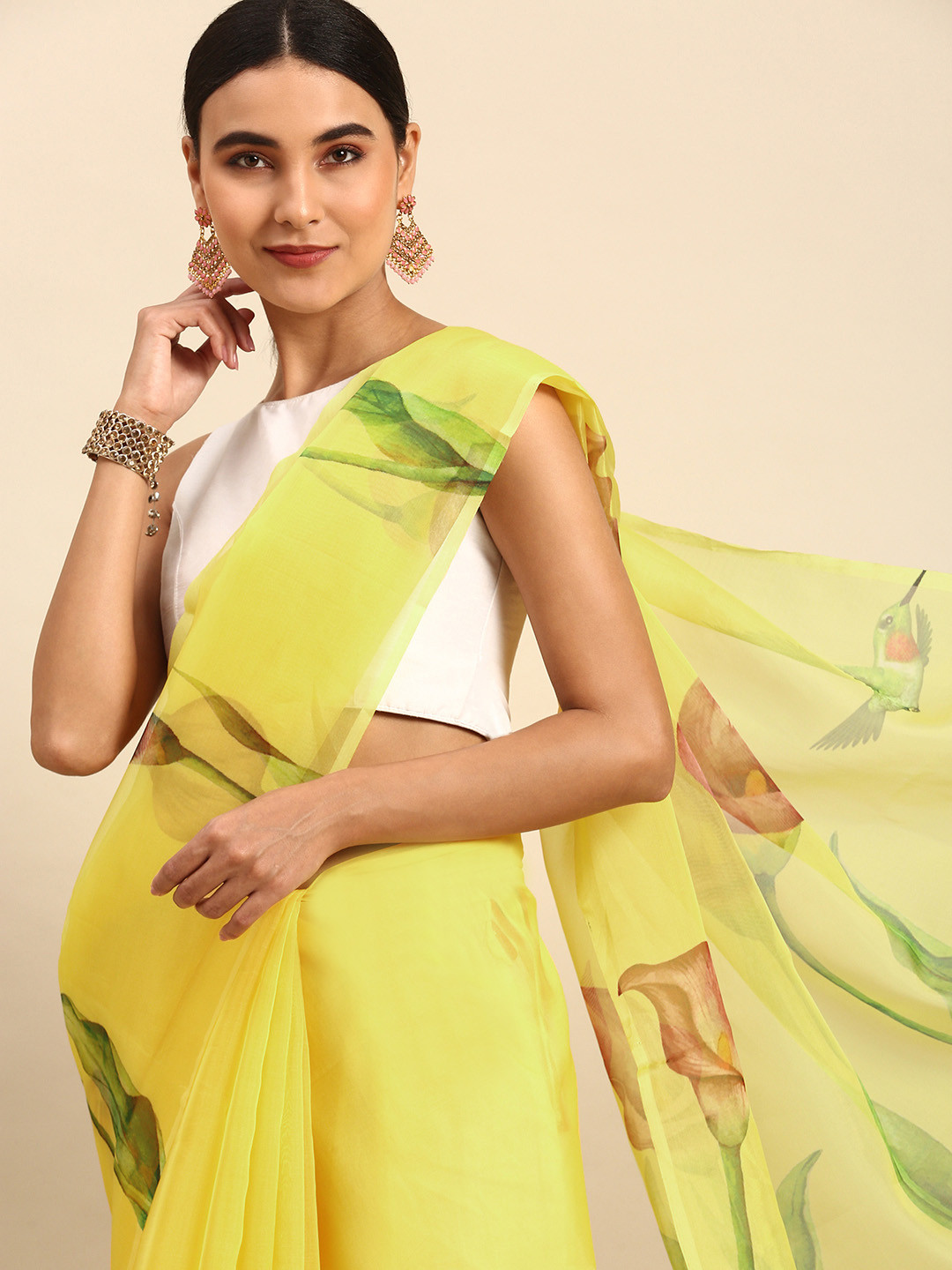 

TORONFRAS Yellow & Green Floral Organza Tussar Saree