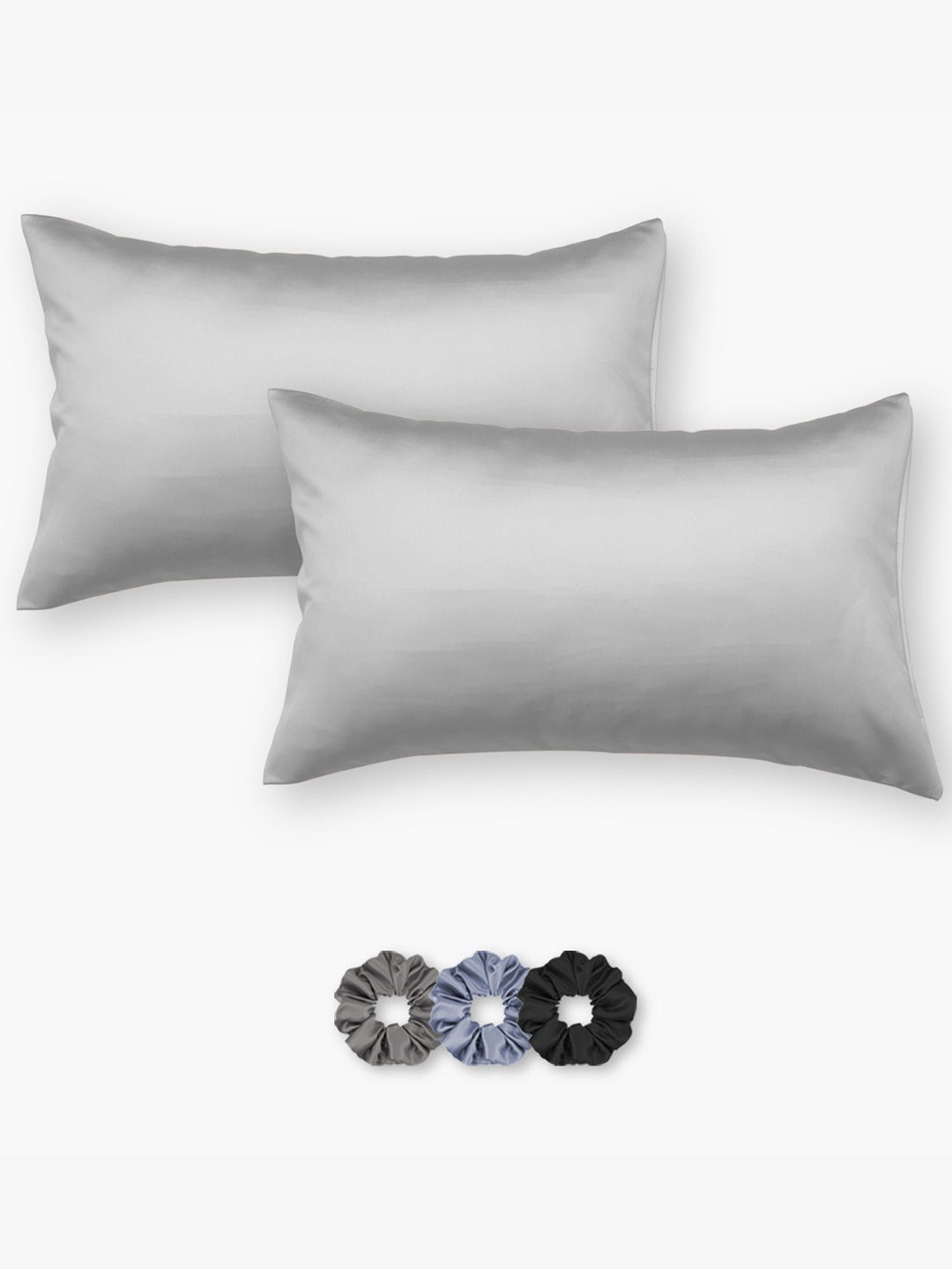 Seevo Set of 2 Grey Solid Satin Pillow Covers With 3 Scrunchies