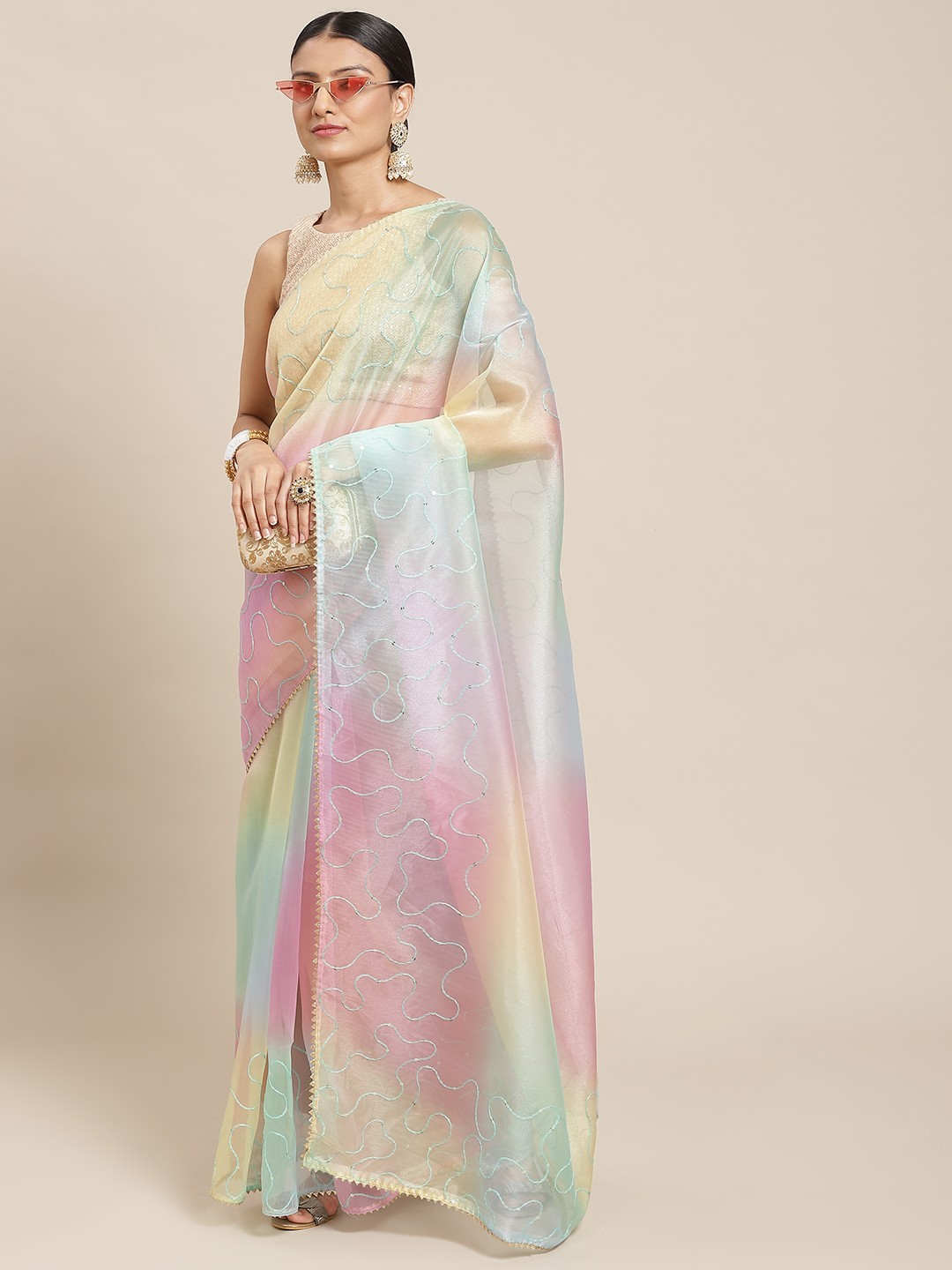 

Tikhi Imli Women Blue & Pink Tie and Dye Embroidered Organza Saree
