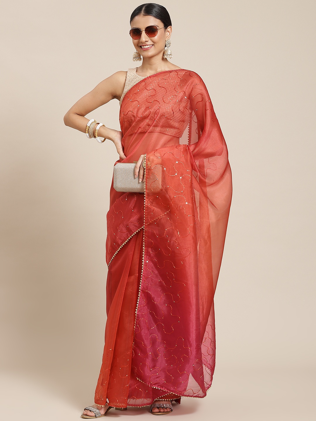 

Tikhi Imli Women Pink & Orange Tie and Dye Embroidered Organza Saree