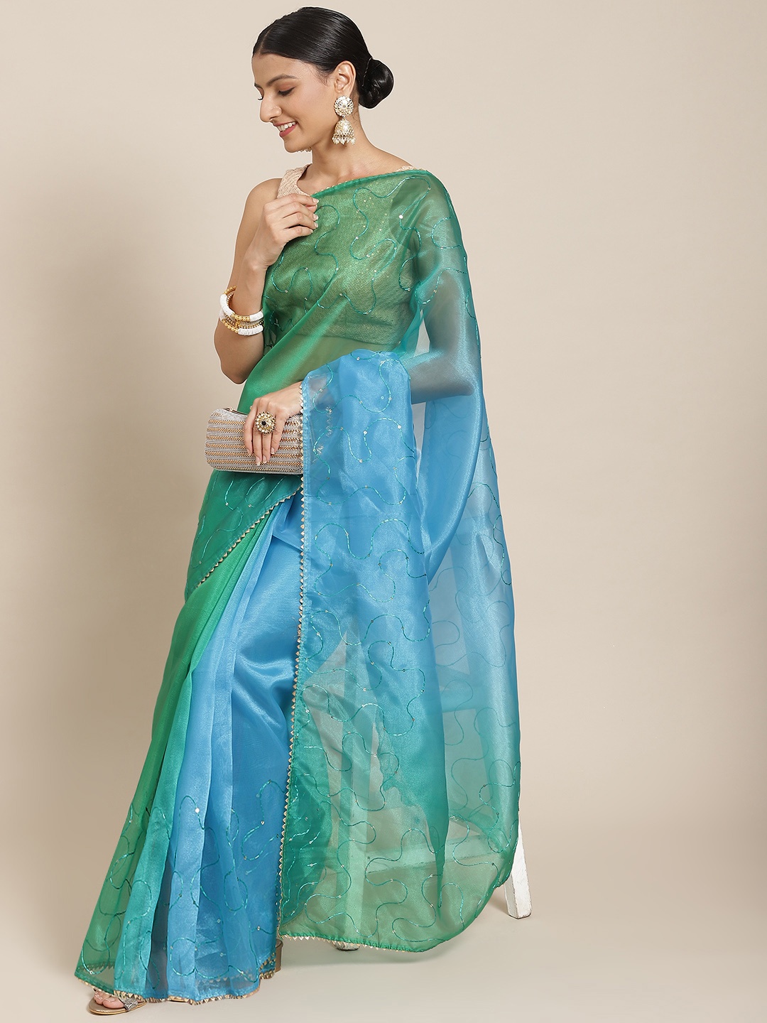 

Tikhi Imli Women Green & Blue Tie and Dye Embroidered Organza Saree