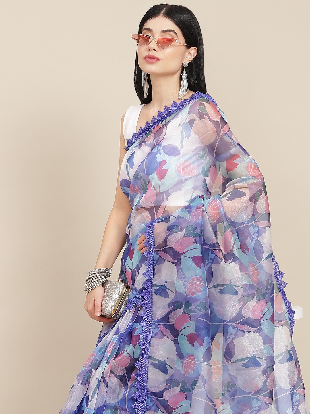 

Tikhi Imli Blue & Pink Floral Sequinned Organza Saree