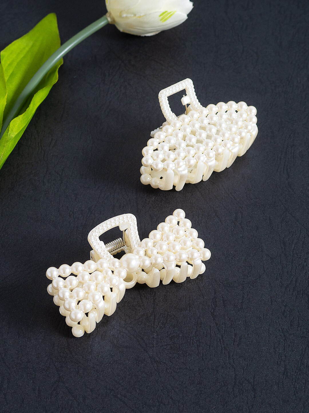 

Golden Peacock Women Set of 2 White Embellished Claw Clips