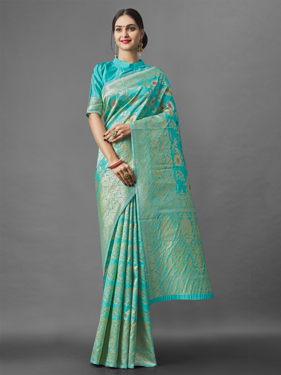 

TEREZA Ethnic Motifs Zari Pure Silk Banarasi Saree, Sea green