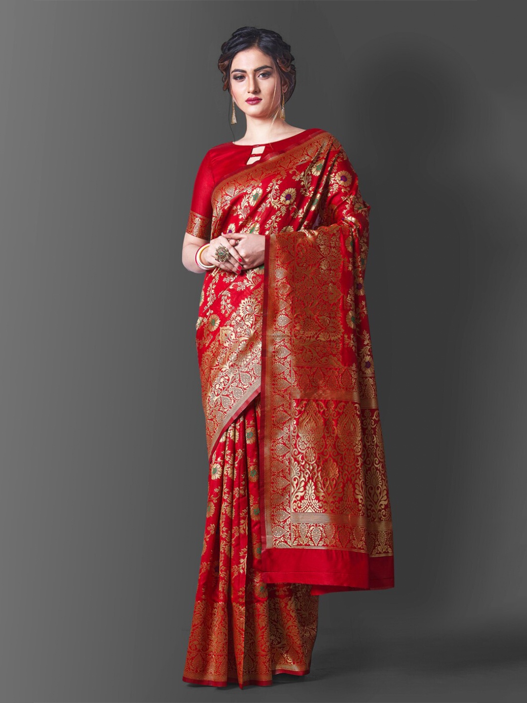 

TEREZA Red & Gold-Toned Ethnic Motifs Zari Pure Silk Banarasi Saree