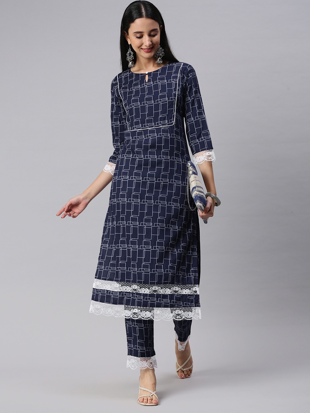 

KALINI Women Navy Blue Printed Kurta with Trousers