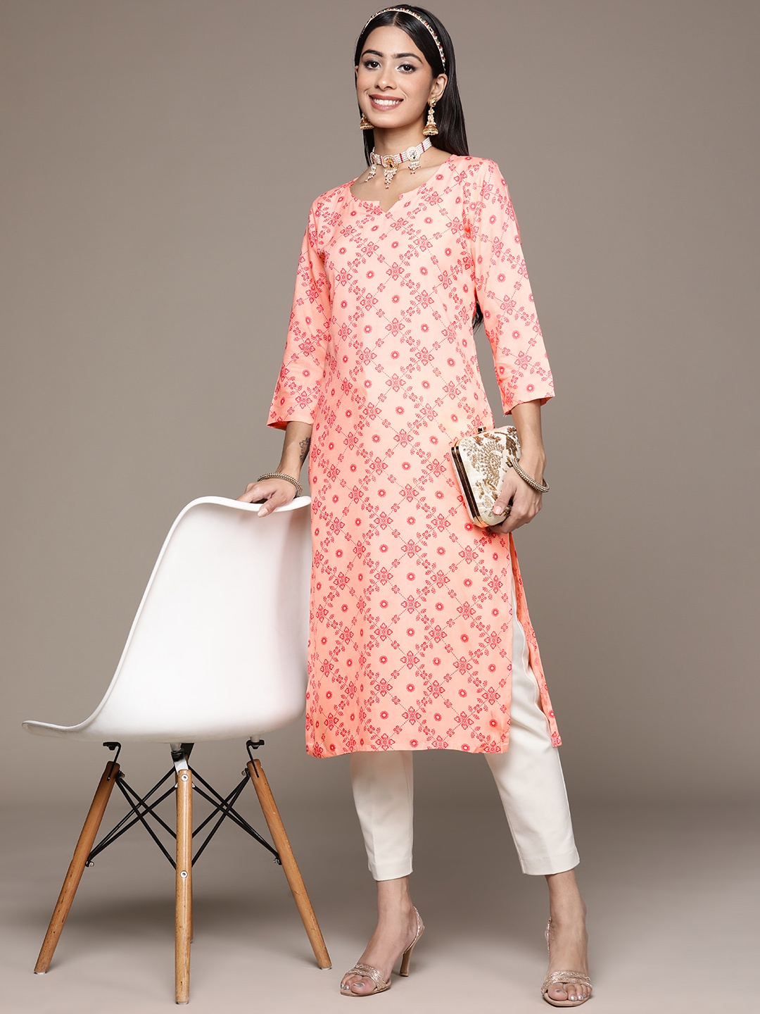 

ZIYAA Women Peach-Coloured & Red Ethnic Motifs Printed Kurta