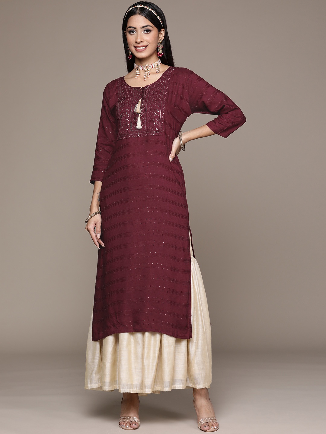 

ZIYAA Women Maroon Ethnic Motifs Yoke Design Kurta