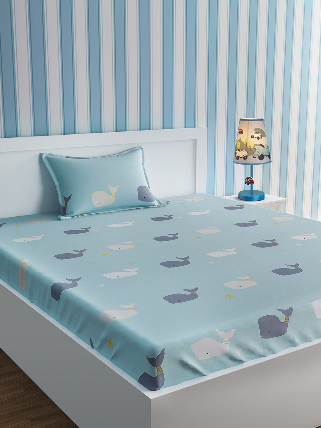 

URBAN DREAM Blue & White 210 TC Single Bedsheet with 1 Pillow Cover