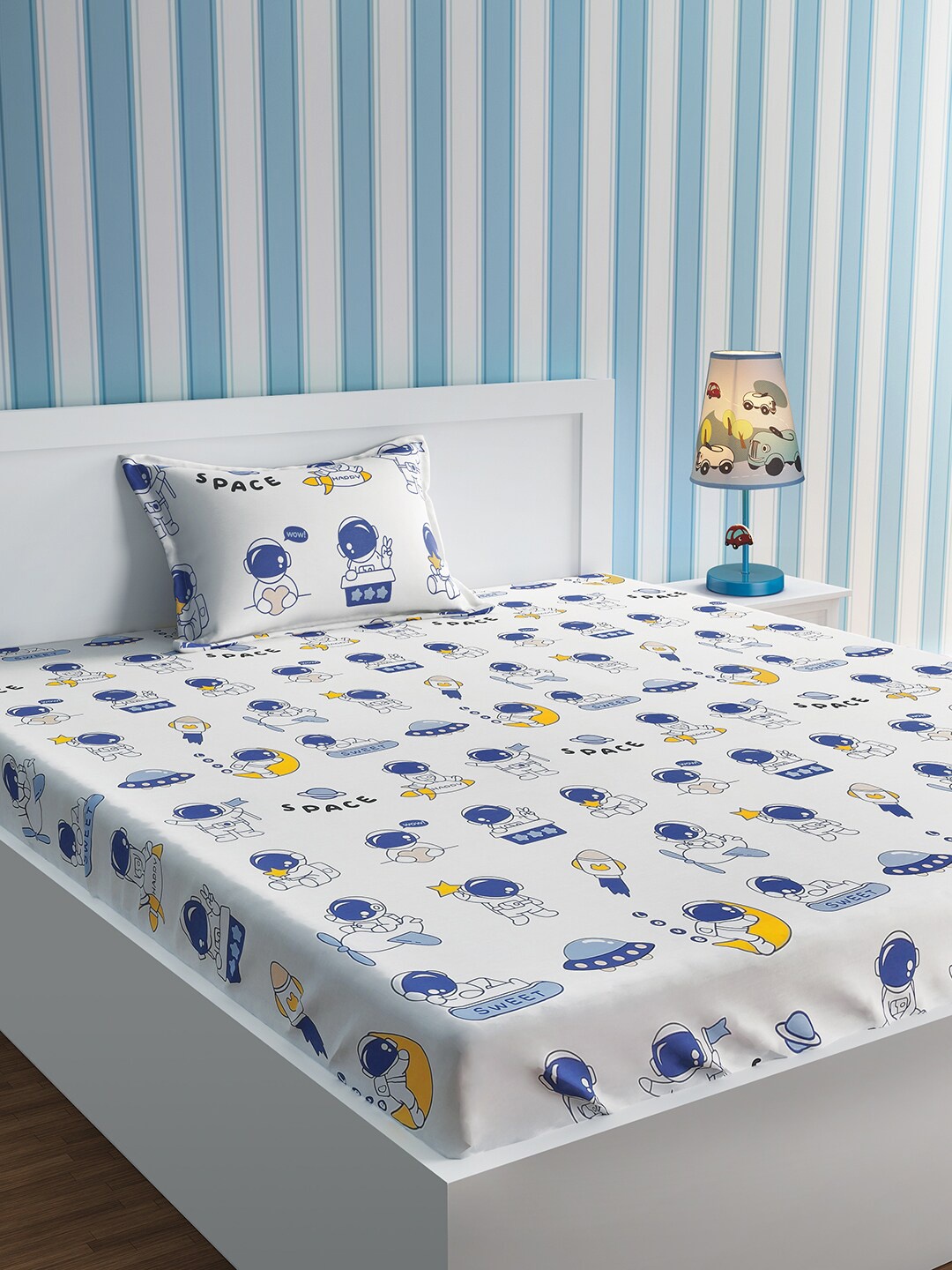 

URBAN DREAM White & Blue Conversational 210 TC Single Cotton Bedsheet with 1 Pillow Covers