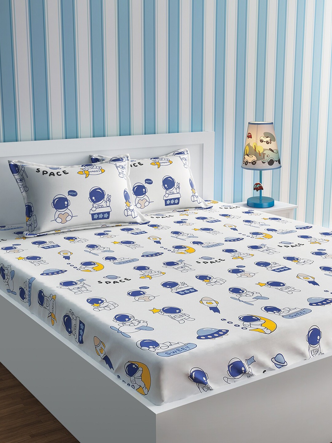 

URBAN DREAM White And Blue 210 TC Astronaut Cotton Queen Bedsheet With 2 Pillow Covers