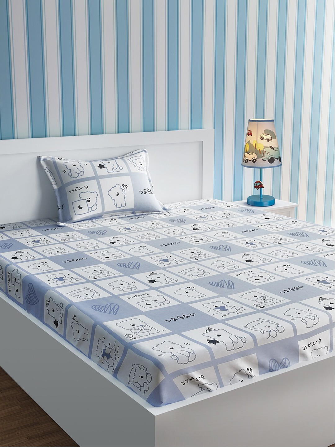 

URBAN DREAM White & Grey Graphic 210 TC Single Bedsheet with 1 Pillow Covers