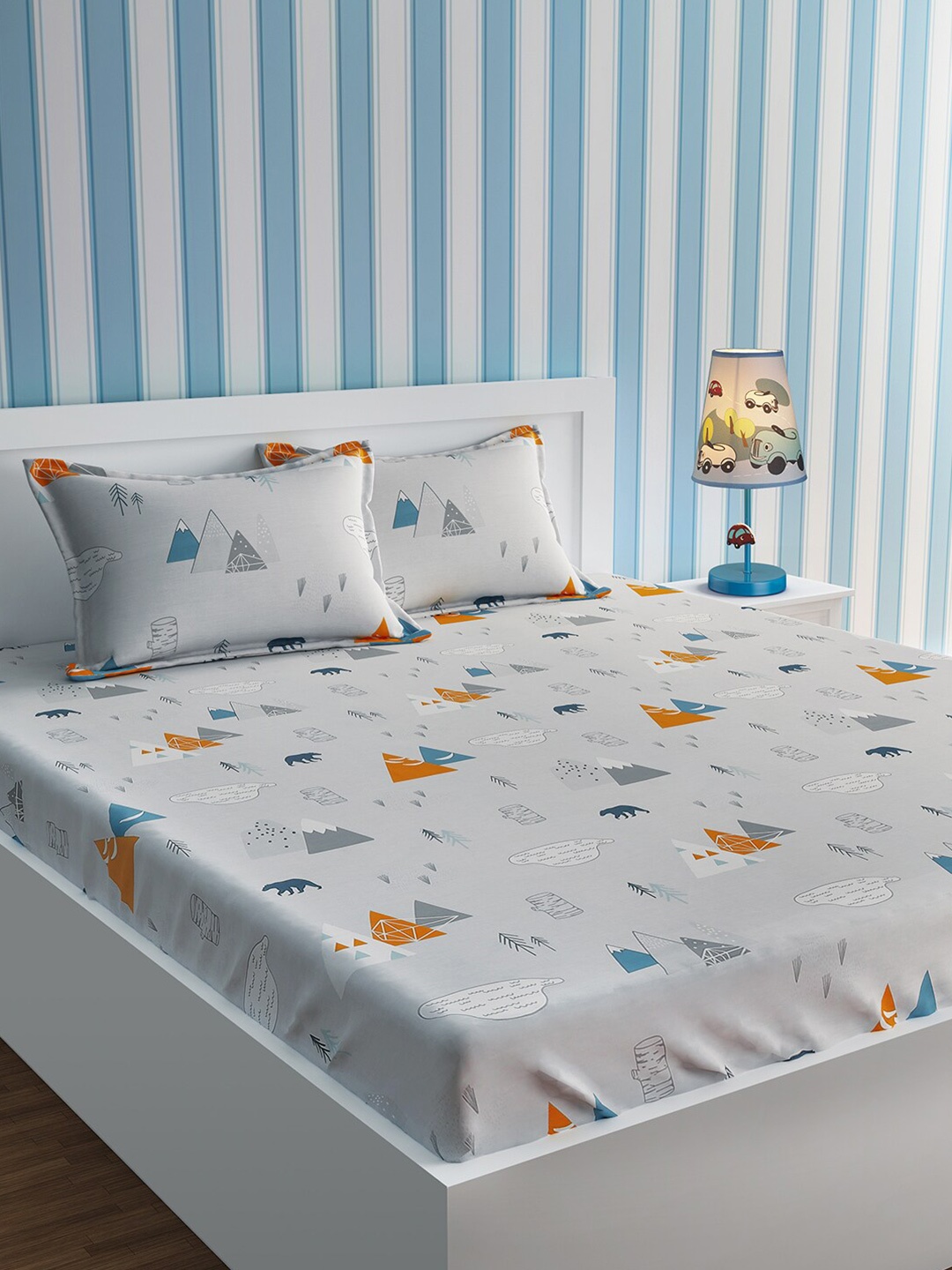 

URBAN DREAM Grey & Blue Graphic Print 210 TC Queen Bedsheet with 2 Pillow Covers