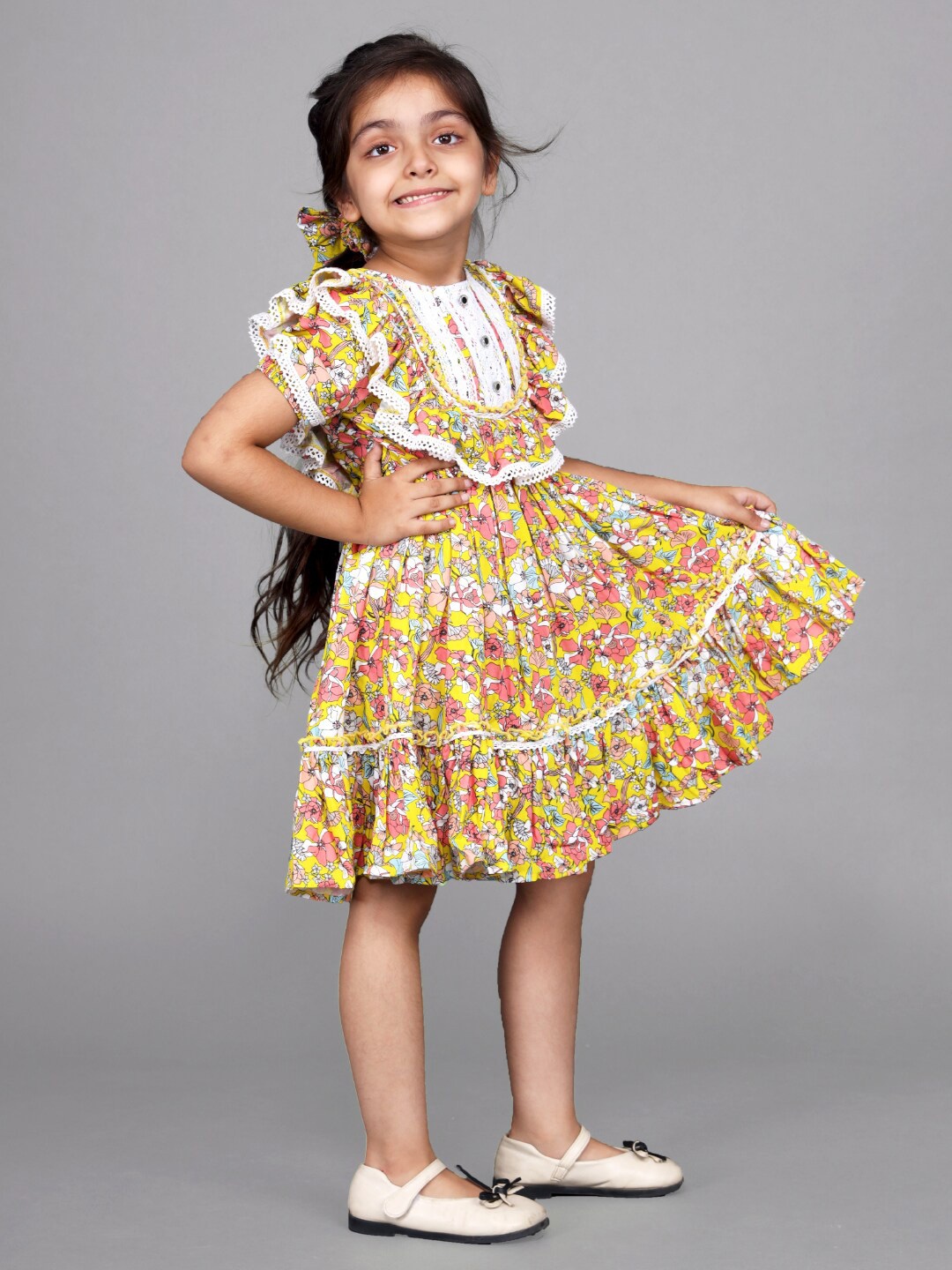 

Front Lace Embellished & Floral Printed Frock With Hair Tie, Yellow