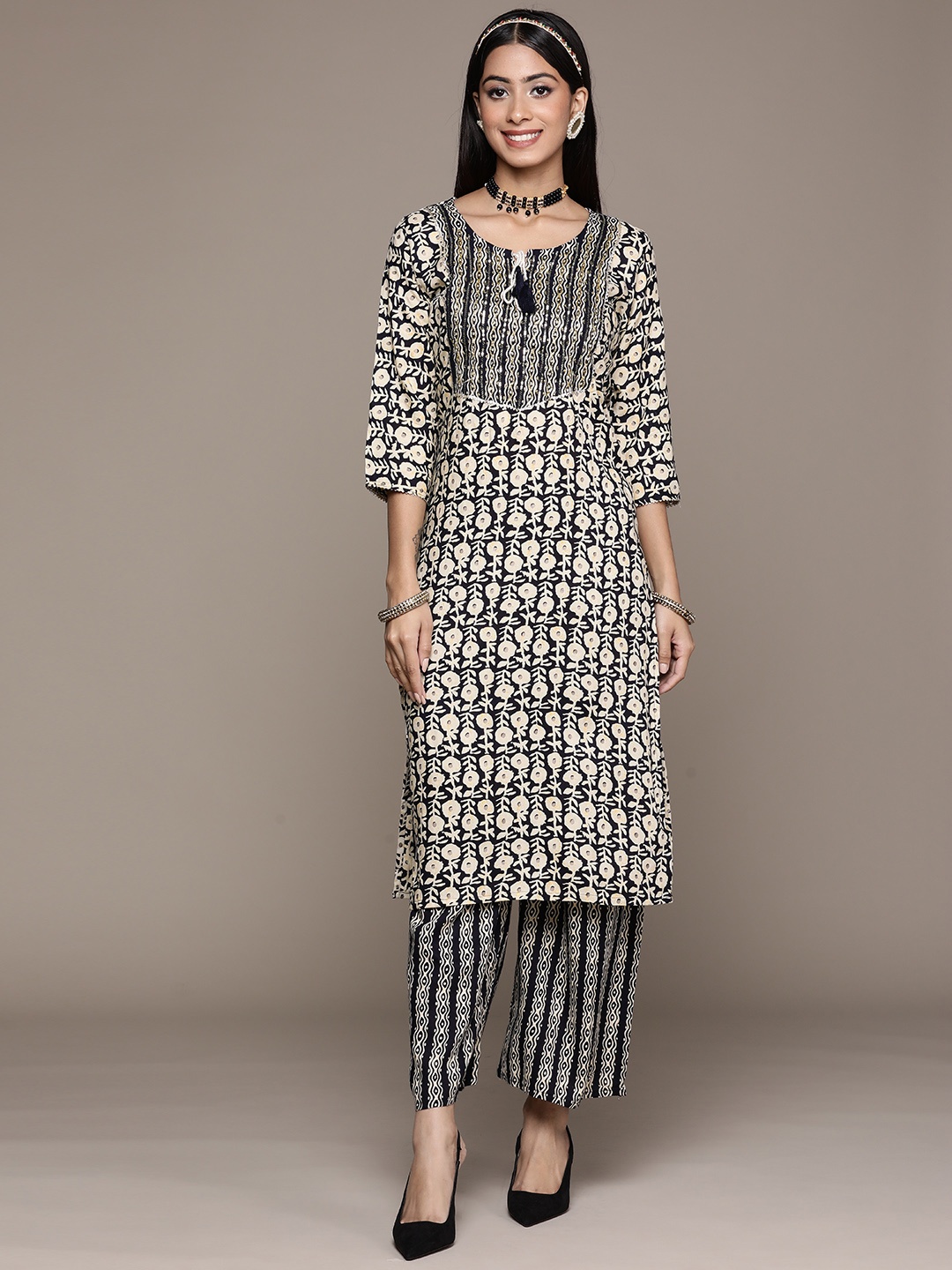 

ZIYAA Women Navy Blue & Cream-Coloured Ethnic Motifs Printed Kurta with Palazzos