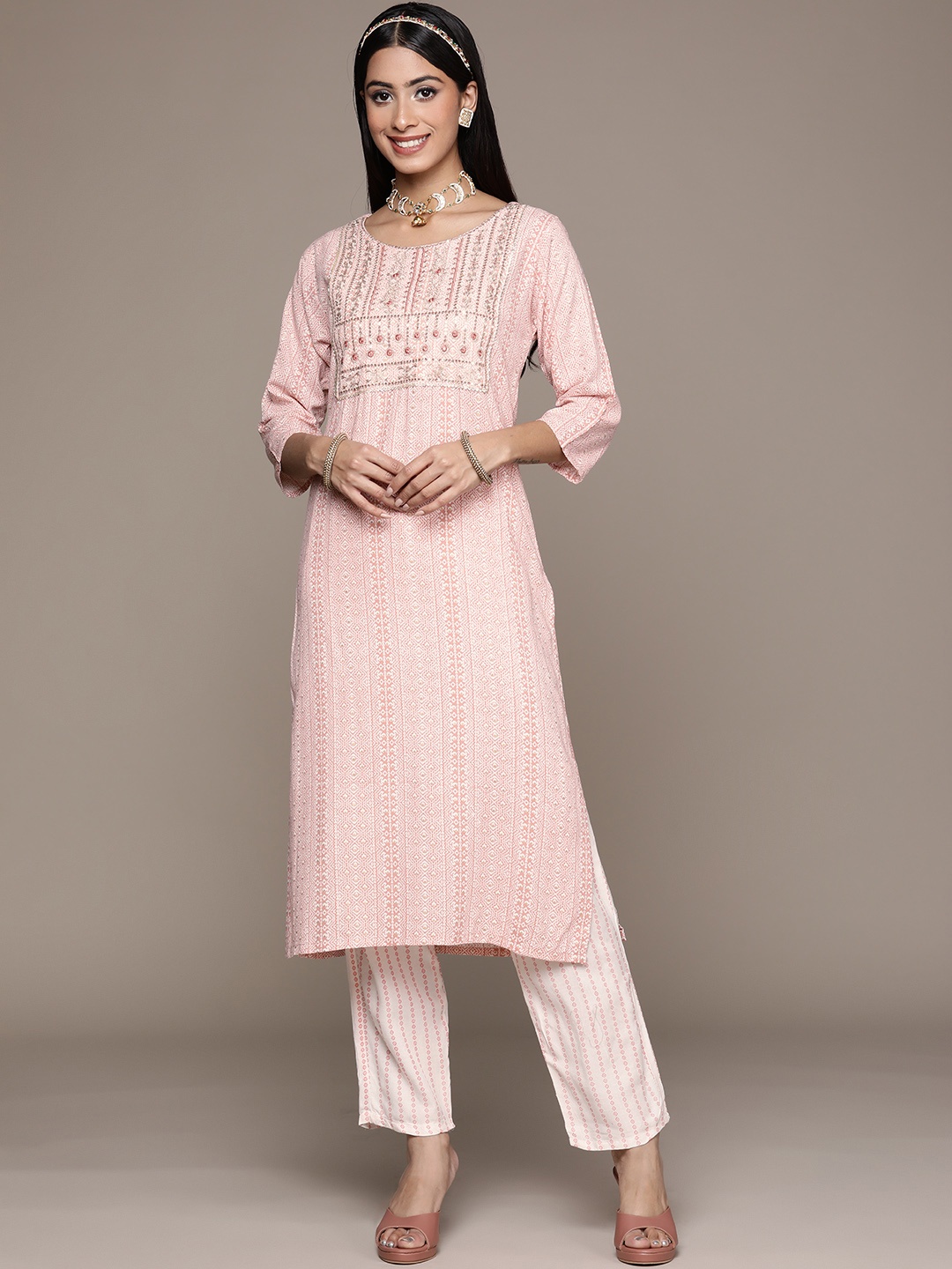 

ZIYAA Women Pink & White Ethnic Motifs Printed Kurta with Trousers