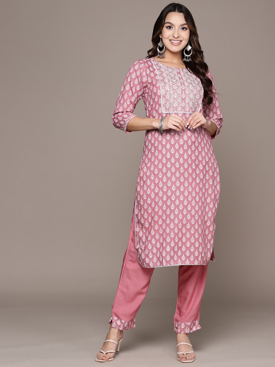 

ZIYAA Women Ethnic Motifs Embroidered Thread Work Pure Cotton Kurta With Trousers, Pink