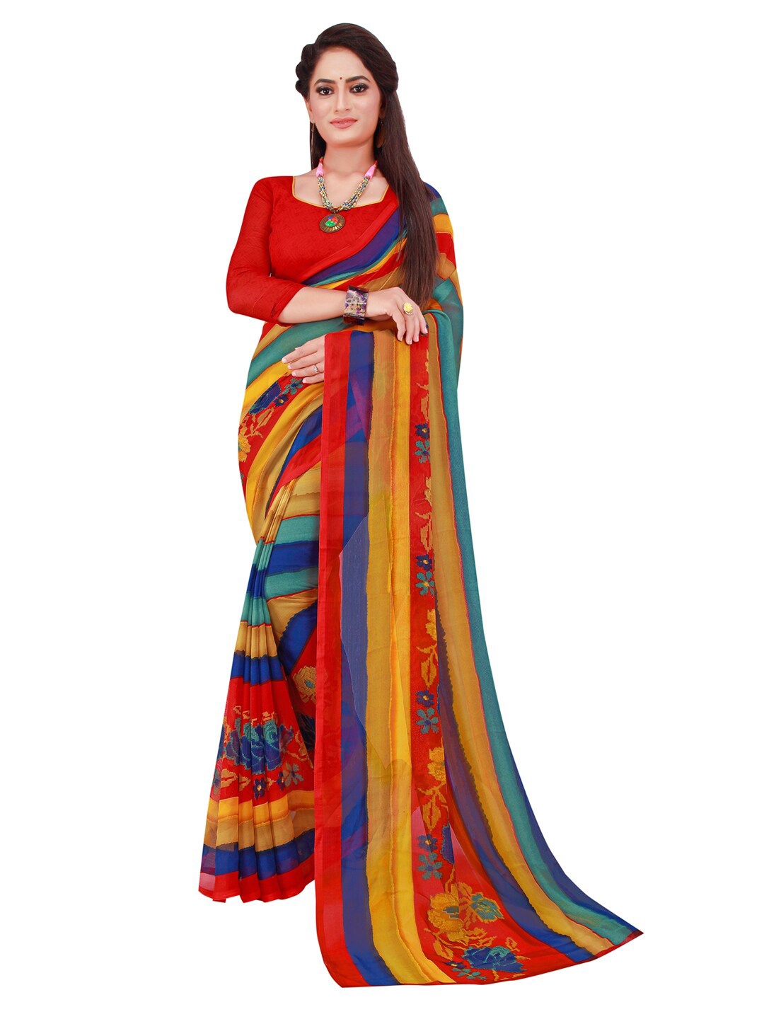 

Silk Bazar Blue & Red Striped Pure Georgette Saree