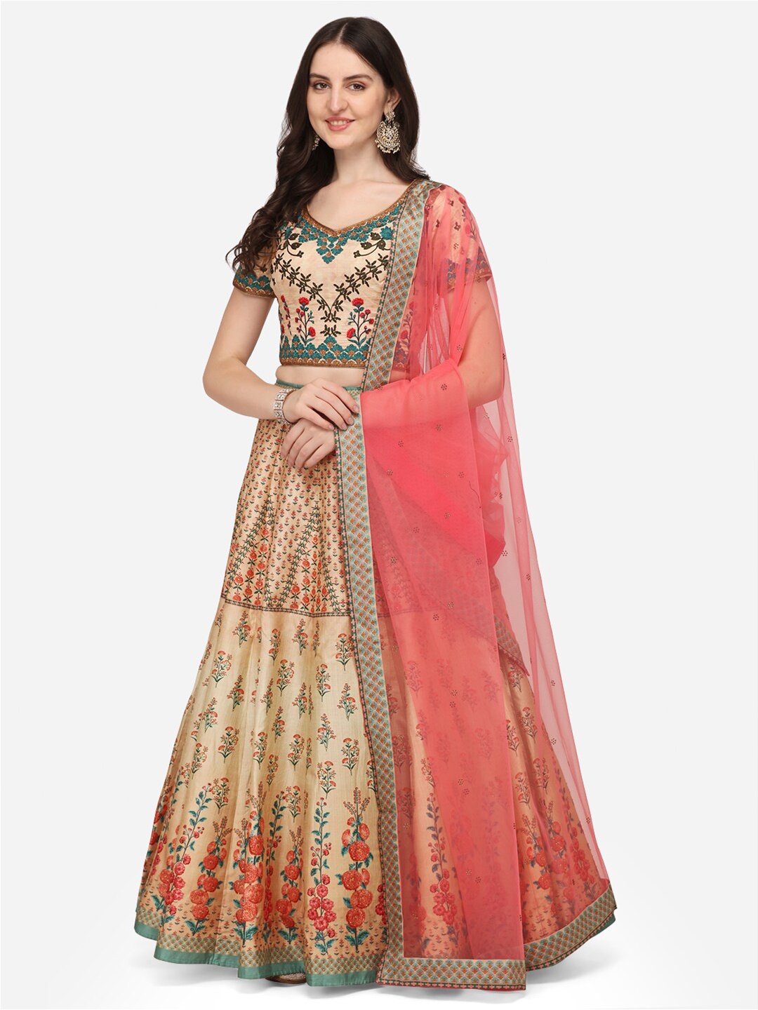 

SAPTRANGI Cream-Coloured & Green Embroidered Lehenga & Unstitched Blouse With Dupatta