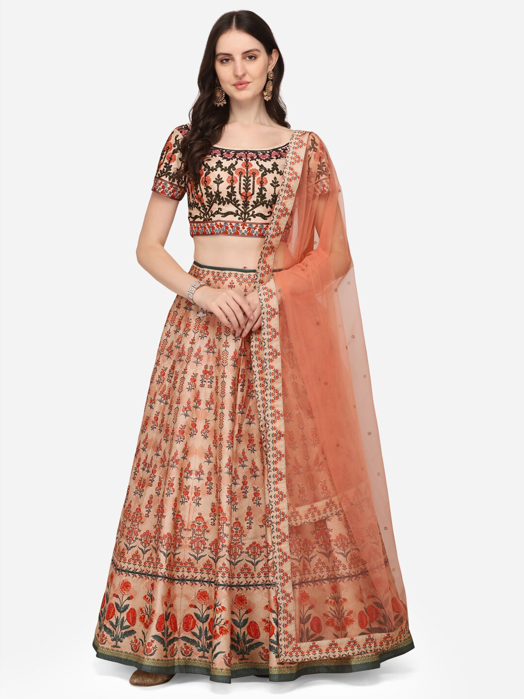 

SAPTRANGI Peach-Coloured & Red Embroidered Semi-Stitched Lehenga Set