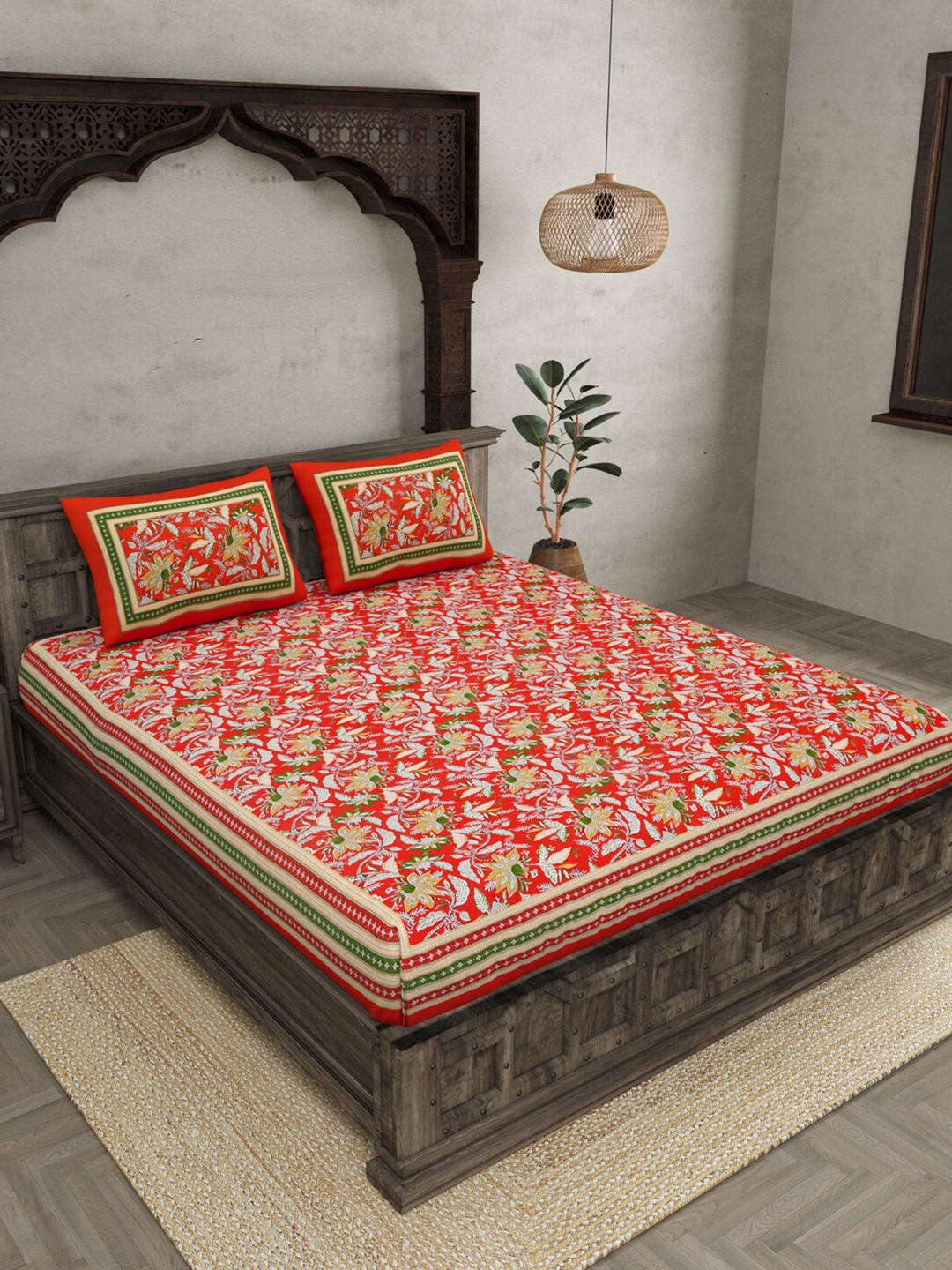 

JAIPUR FABRIC Red & Green Double Queen Bedsheet with 2 Pillow Covers