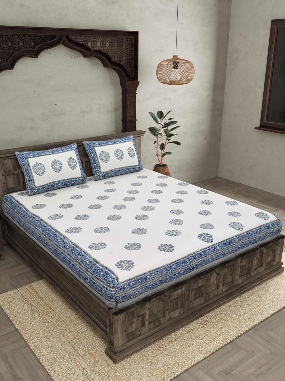 

JAIPUR FABRIC White & Blue Ethnic Motifs 240 TC Queen Bedsheet with 2 Pillow Covers