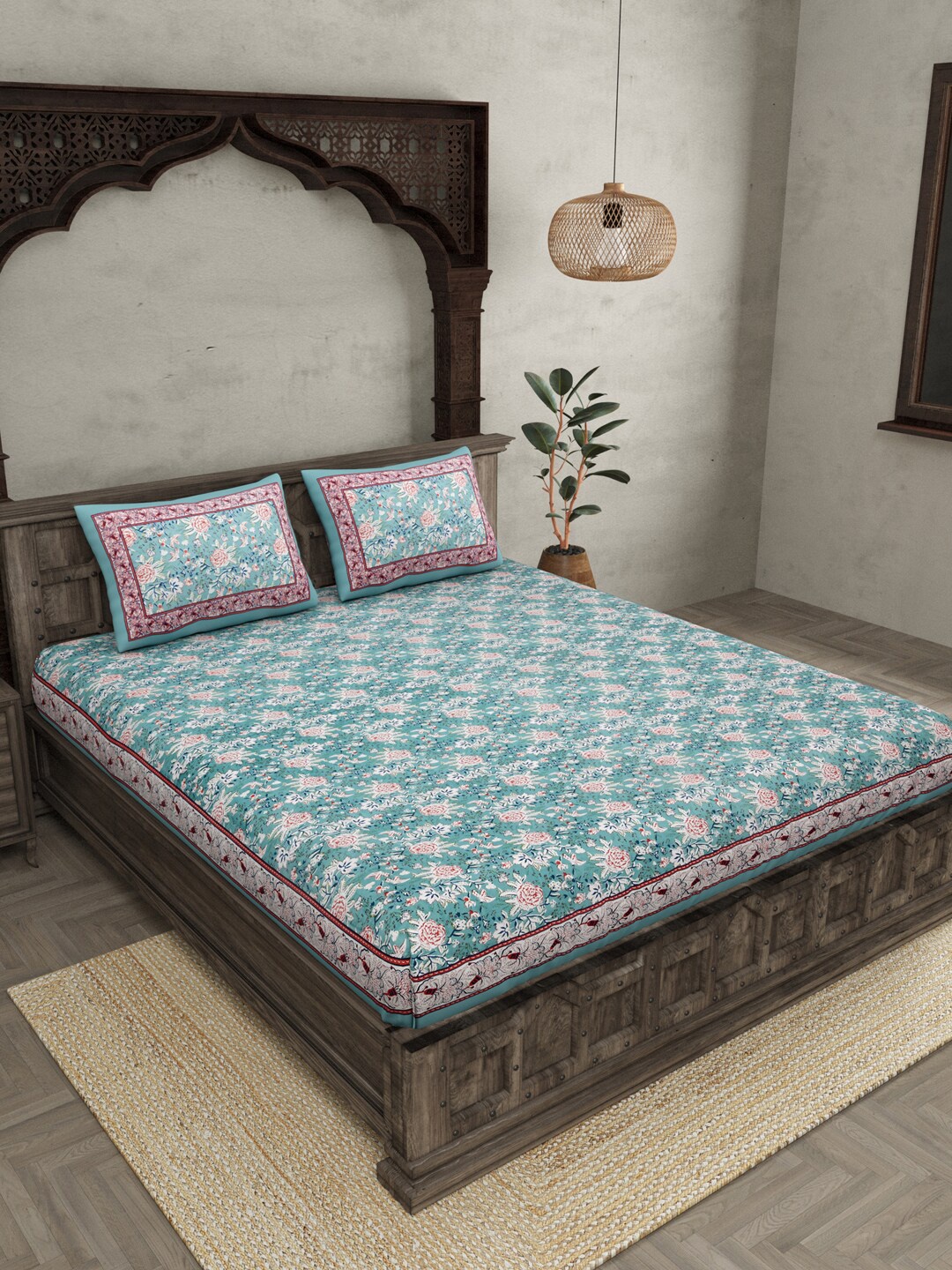 

JAIPUR FABRIC Blue & Red Floral Queen Bedsheet with 2 Pillow Covers