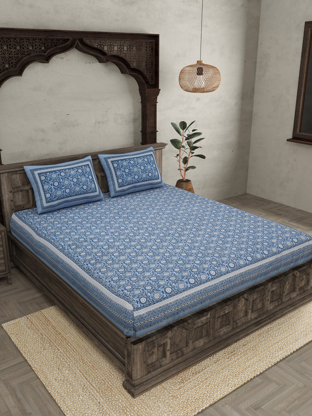 

JAIPUR FABRIC Blue & White Ethnic Motifs Queen Bedsheet with 2 Pillow Covers