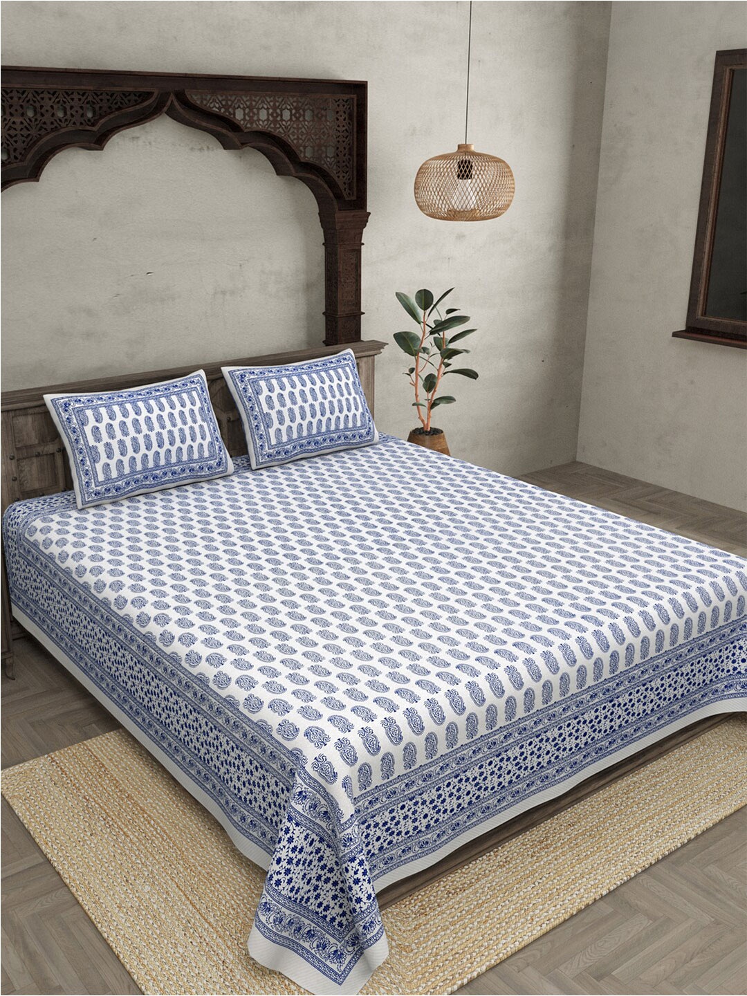 

JAIPUR FABRIC Navy Blue & White 240 TC Cotton Queen Bedsheet with 2 Pillow Covers