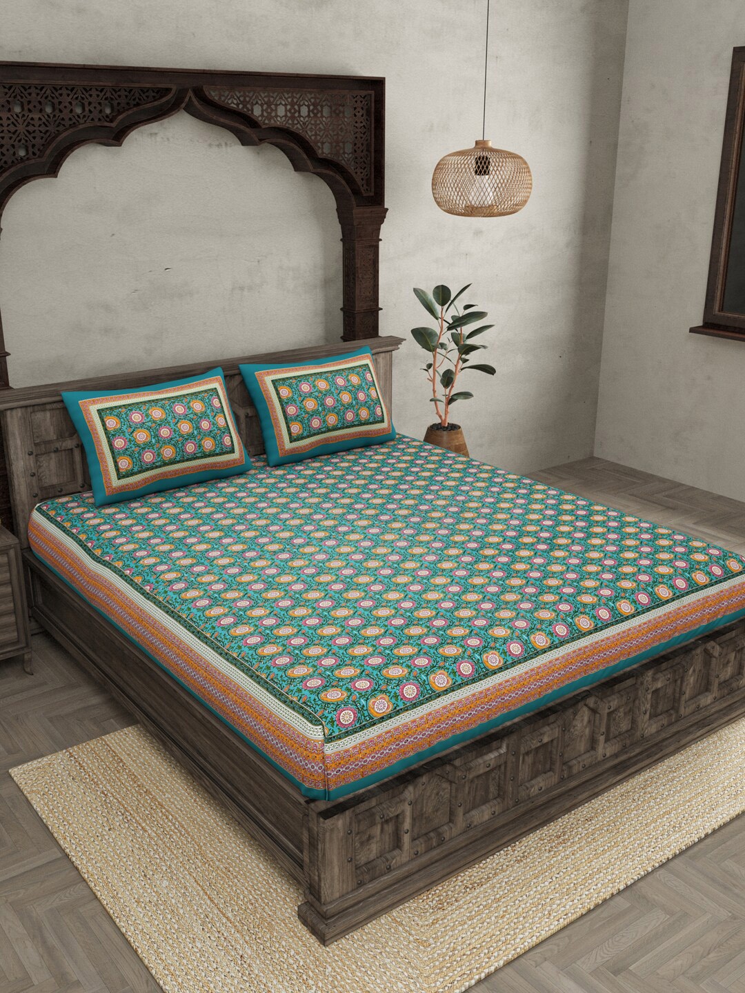 

JAIPUR FABRIC Green & Orange Ethnic Motifs Queen Cotton Bedsheet with 2 Pillow Covers