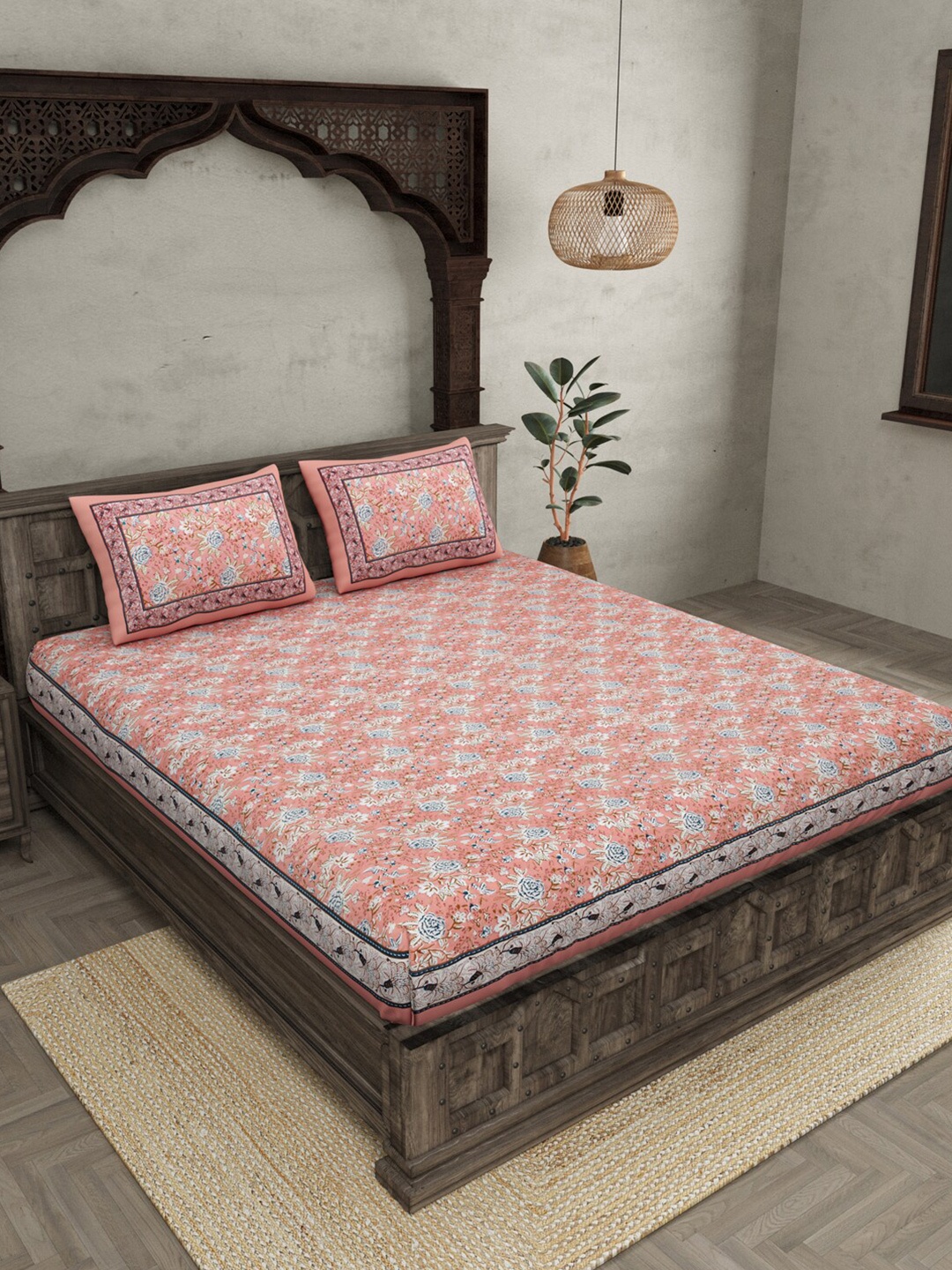 

JAIPUR FABRIC Pink & White Floral Queen Bedsheet with 2 Pillow Covers