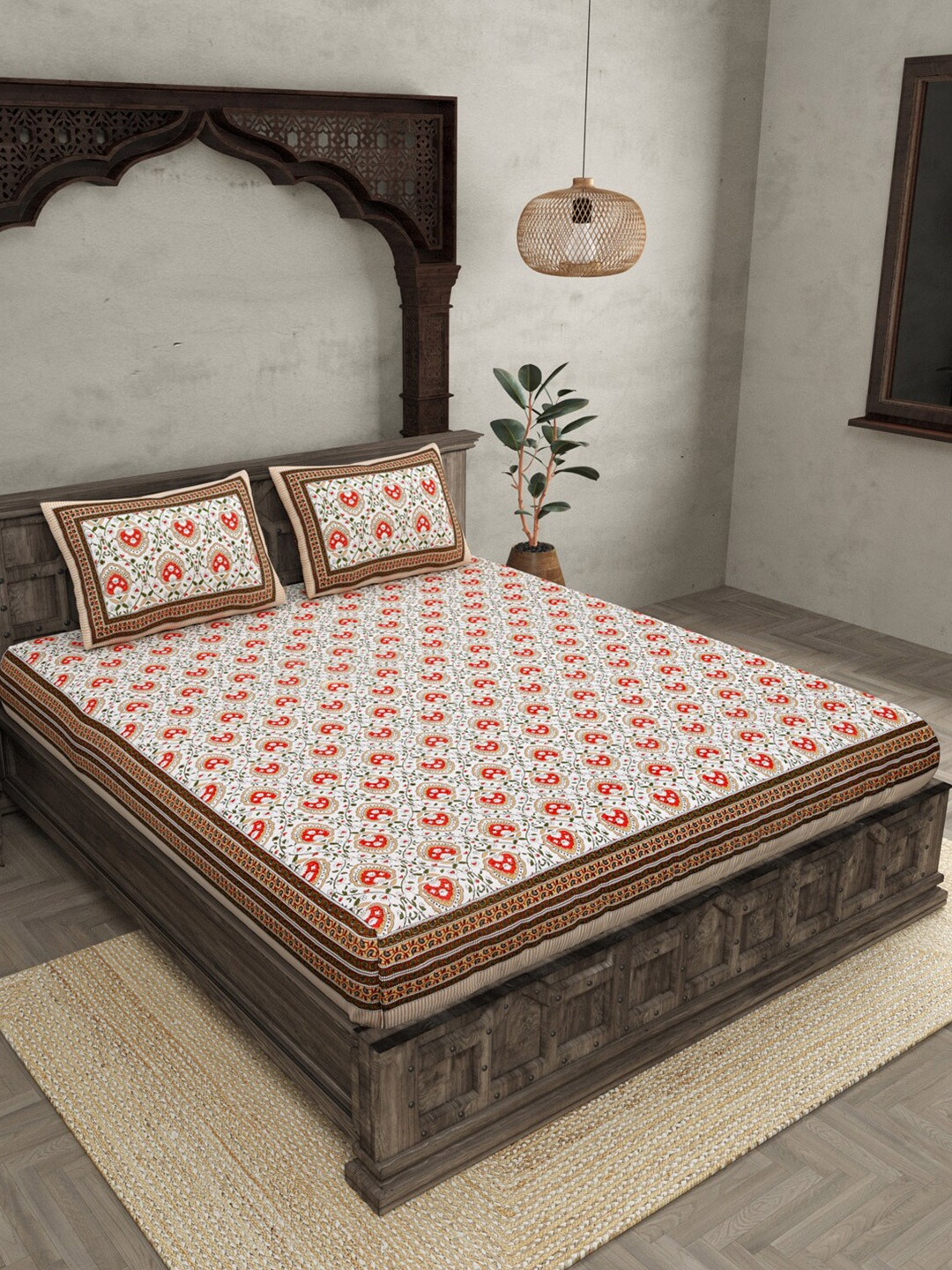 

JAIPUR FABRIC Orange & White Queen Bedsheet with 2 Pillow Covers