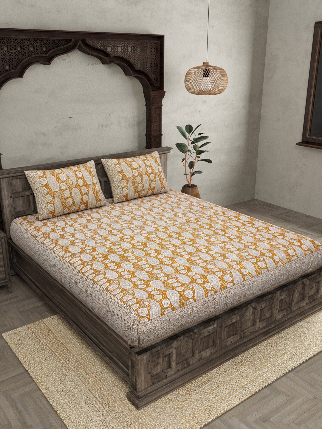 

JAIPUR FABRIC Mustard & White Ethnic Motifs Queen Bedsheet with 2 Pillow Covers