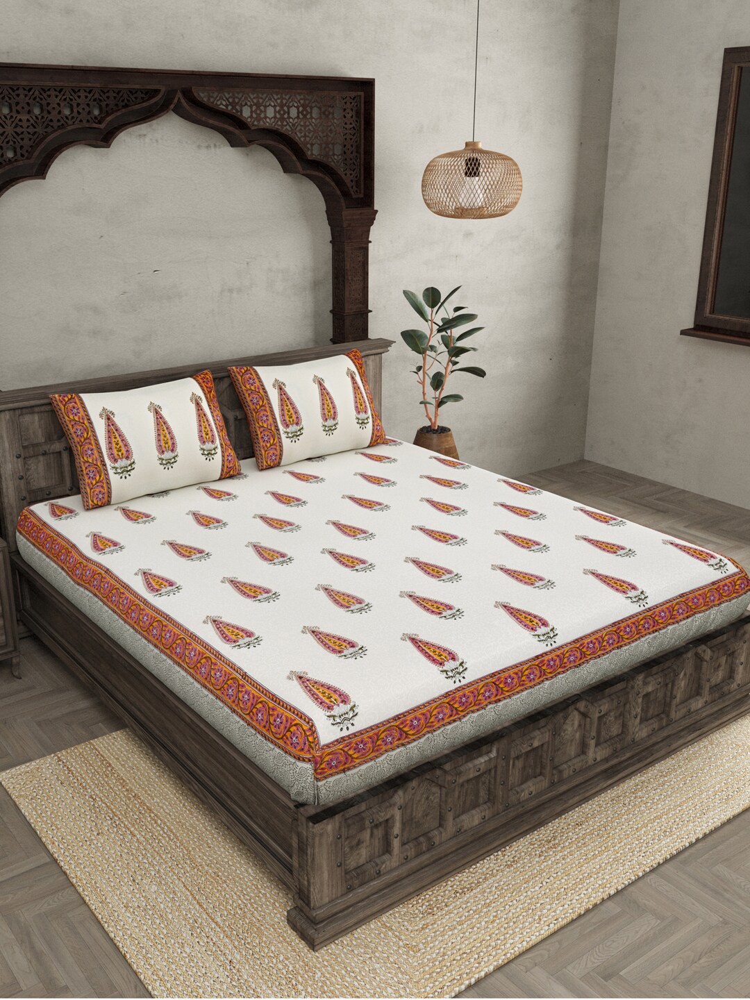 

JAIPUR FABRIC White & Pink Queen Bedsheet with 2 Pillow Covers