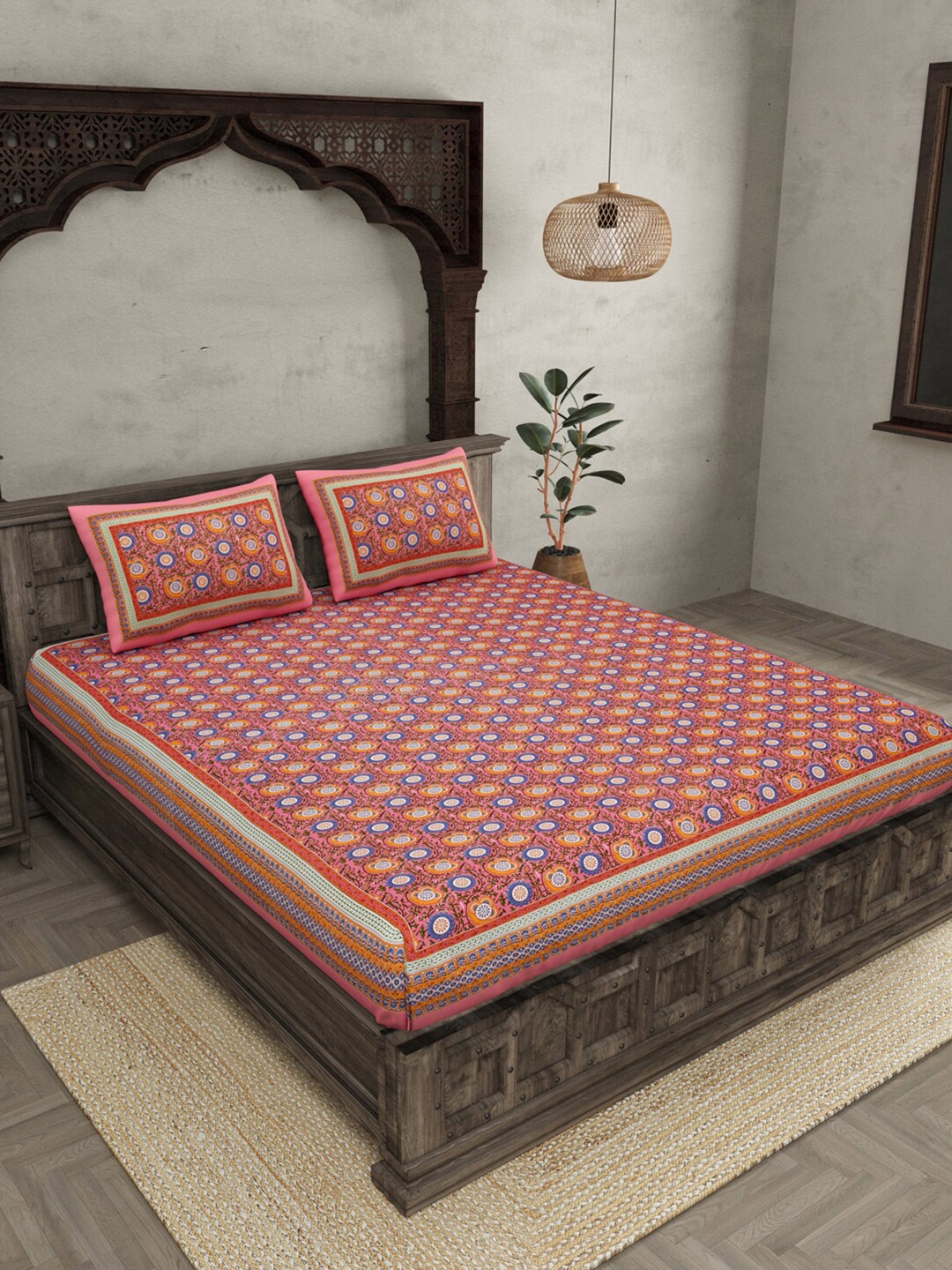 

JAIPUR FABRIC Pink & Orange Floral Queen Bedsheet with 2 Pillow Covers