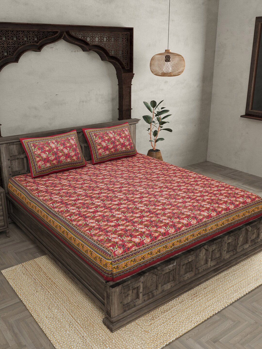 

JAIPUR FABRIC Maroon & Green Ethnic Motifs 240 TC Queen Bedsheet with 2 Pillow Covers