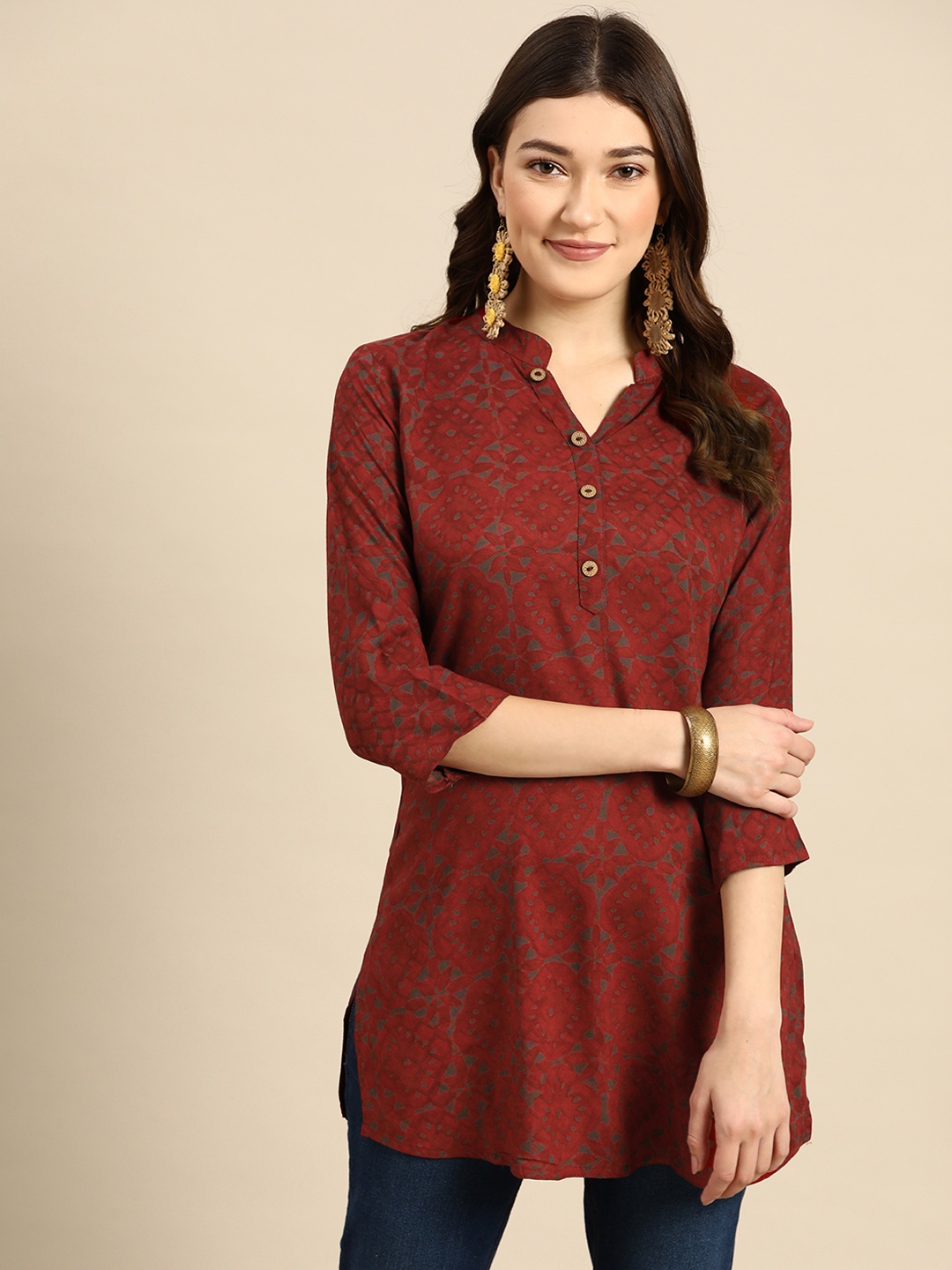 

Sangria Maroon & Grey Ethnic Motifs Printed Kurti
