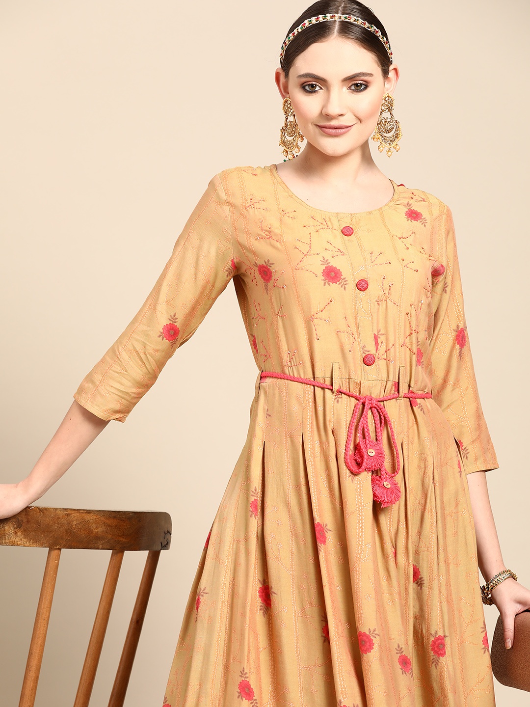 

Sangria Women Mustard Yellow & Pink Ethnic Motifs Embroidered Mirror Work Anarkali Kurta