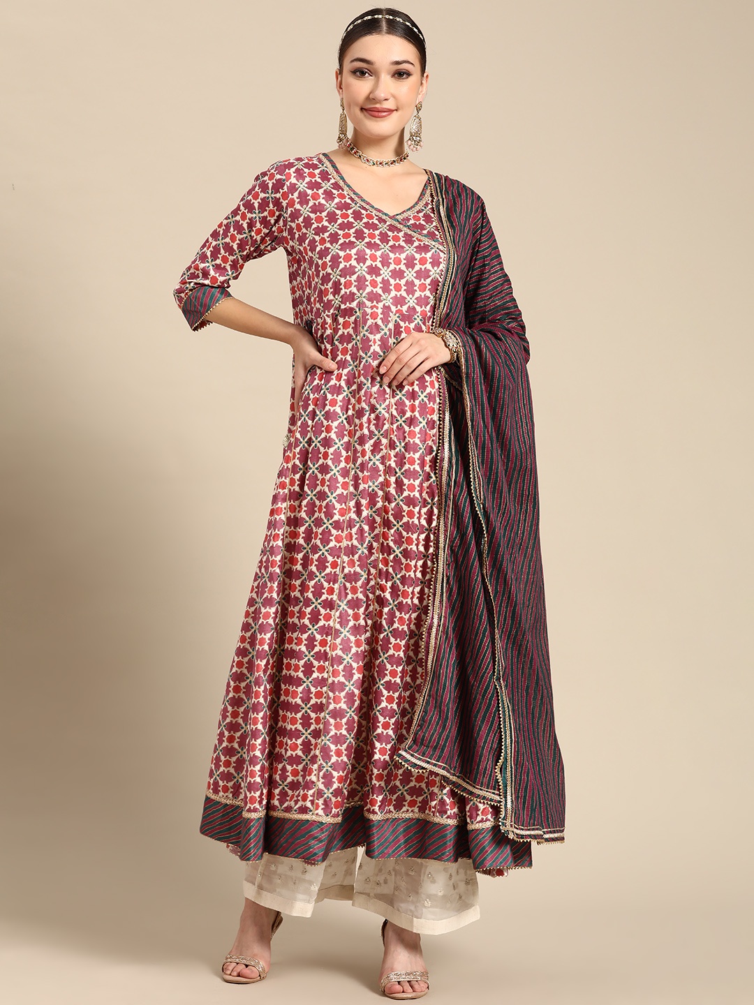 

Sangria Women Burgundy & White Ethnic Motifs Printed Anarkali Kurta