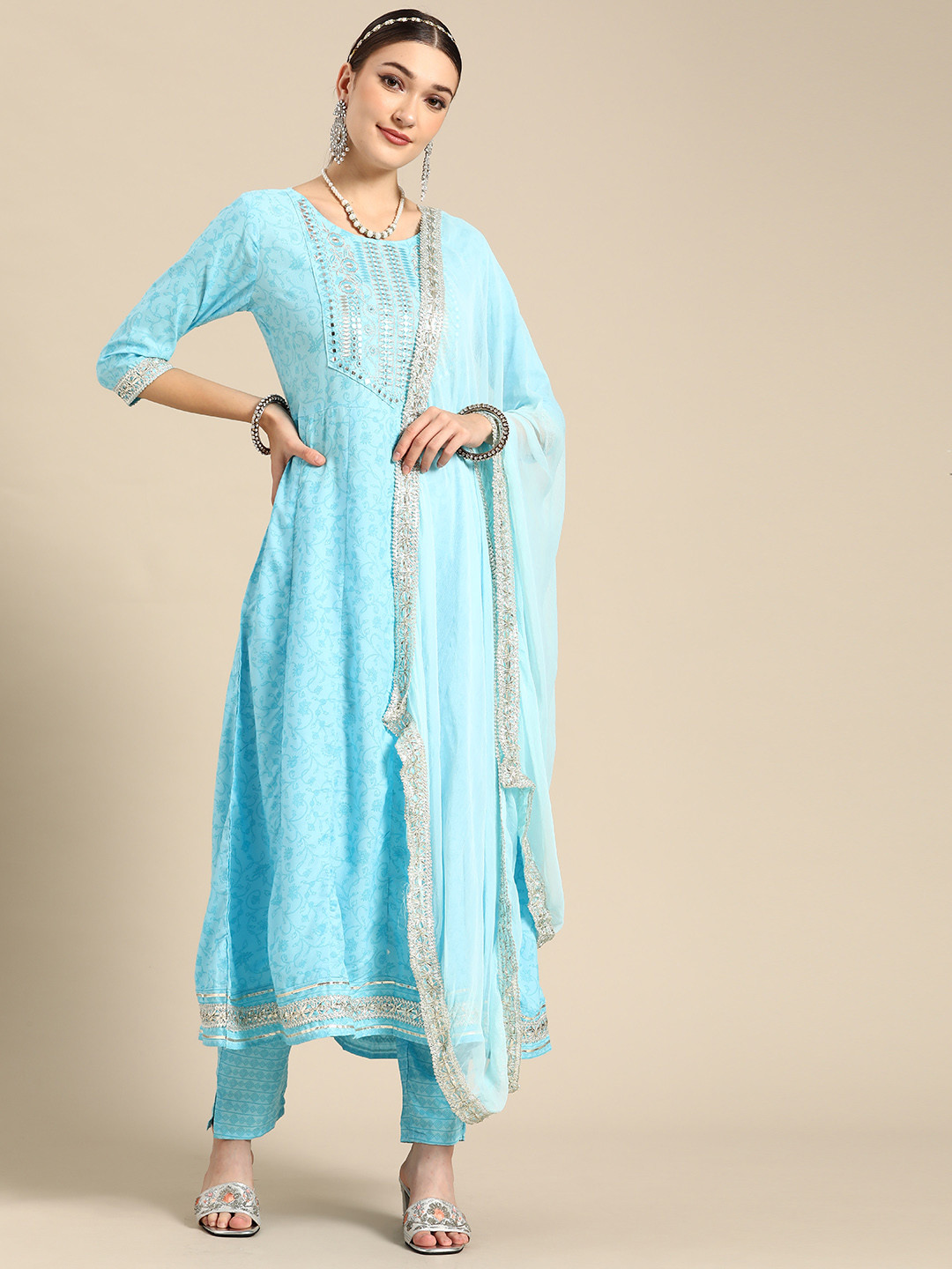 

Sangria Women Blue Ethnic Motifs Printed Mirror Work Kurta with Trousers & Dupatta