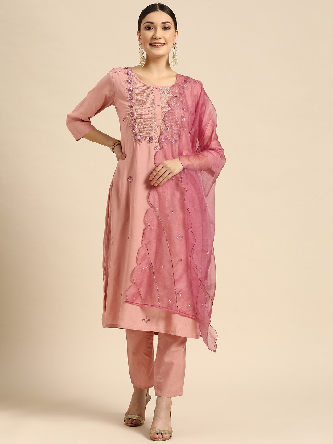 

Sangria Women Dusty Pink Sequinned Chanderi Cotton Kurta with Trousers & Dupatta