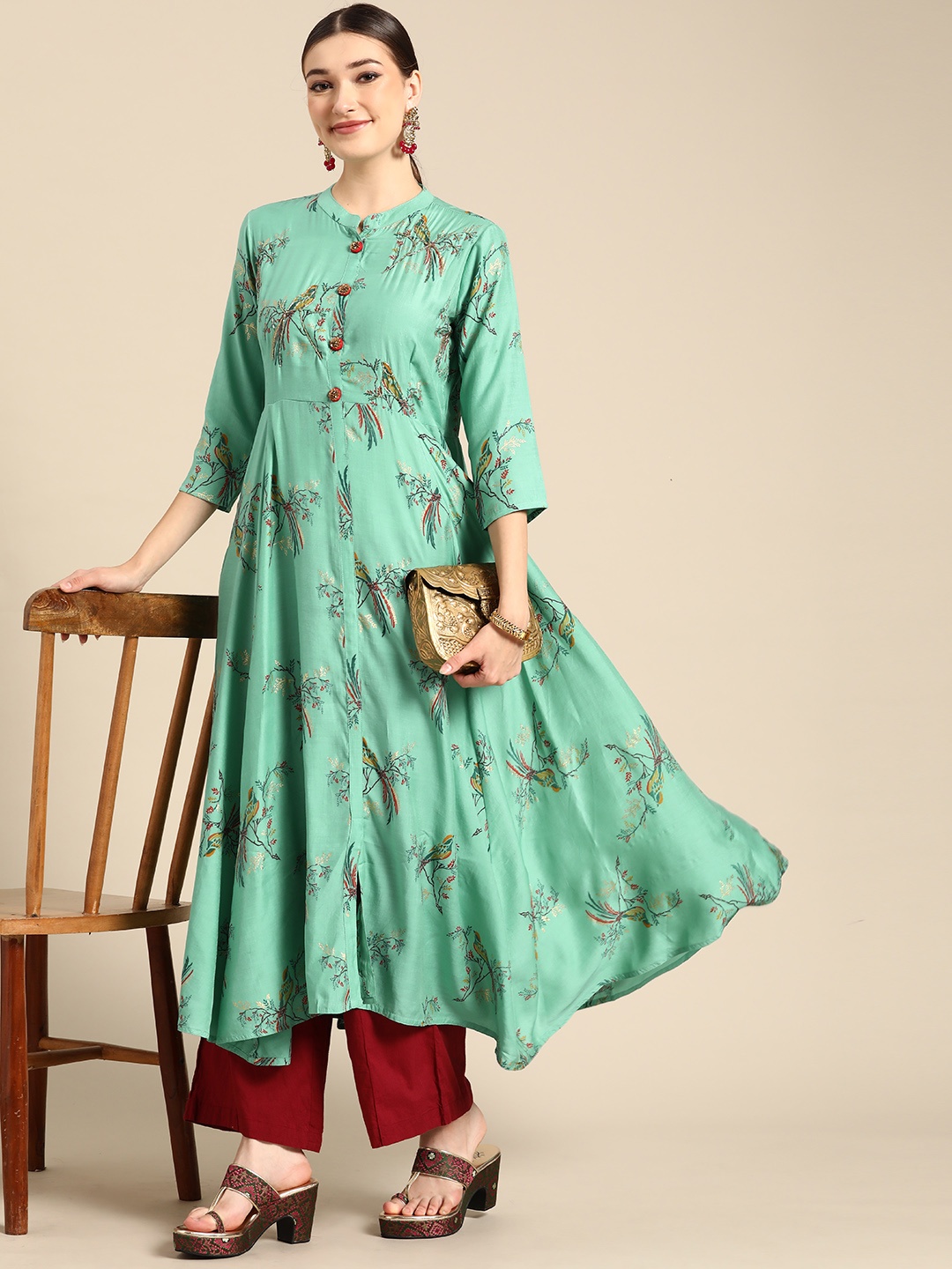 

Sangria Women Sea Green Floral Printed Anarkali Kurta